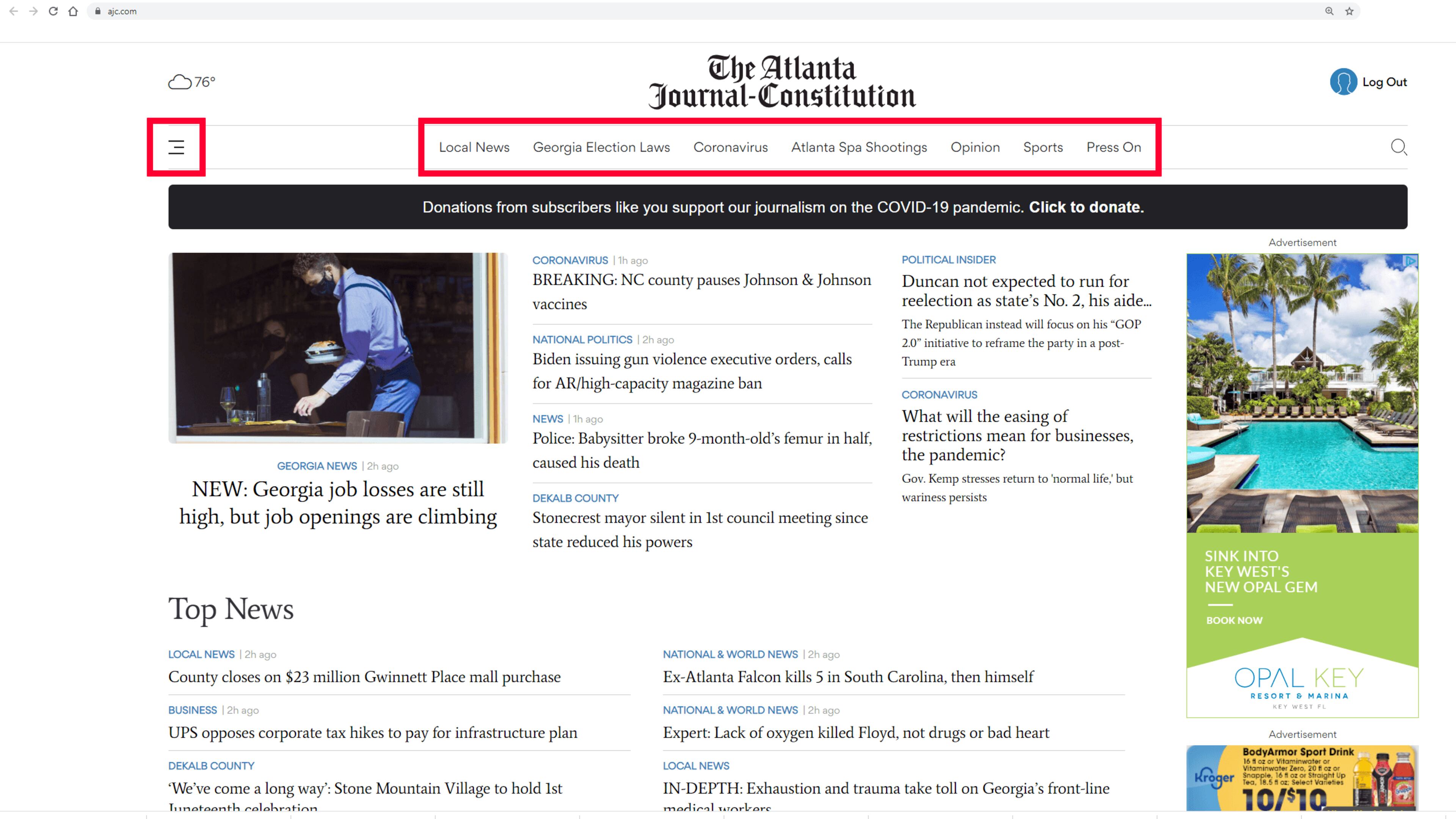 The website includes an updated site navigation, now located at the top left of the page, under the three-line icon or “hamburger” menu that is also used on our hompage for mobile devices. By tapping or touching the hamburger menu, you’ll find our sections linked in a simple, concise list to help you find those that interest you. Across the top, below the masthead on desktop devices, is a new topic navigation bar that offers helpful links, such as Sports and Opinion, and topics in the news, such as Georgia Election Laws.