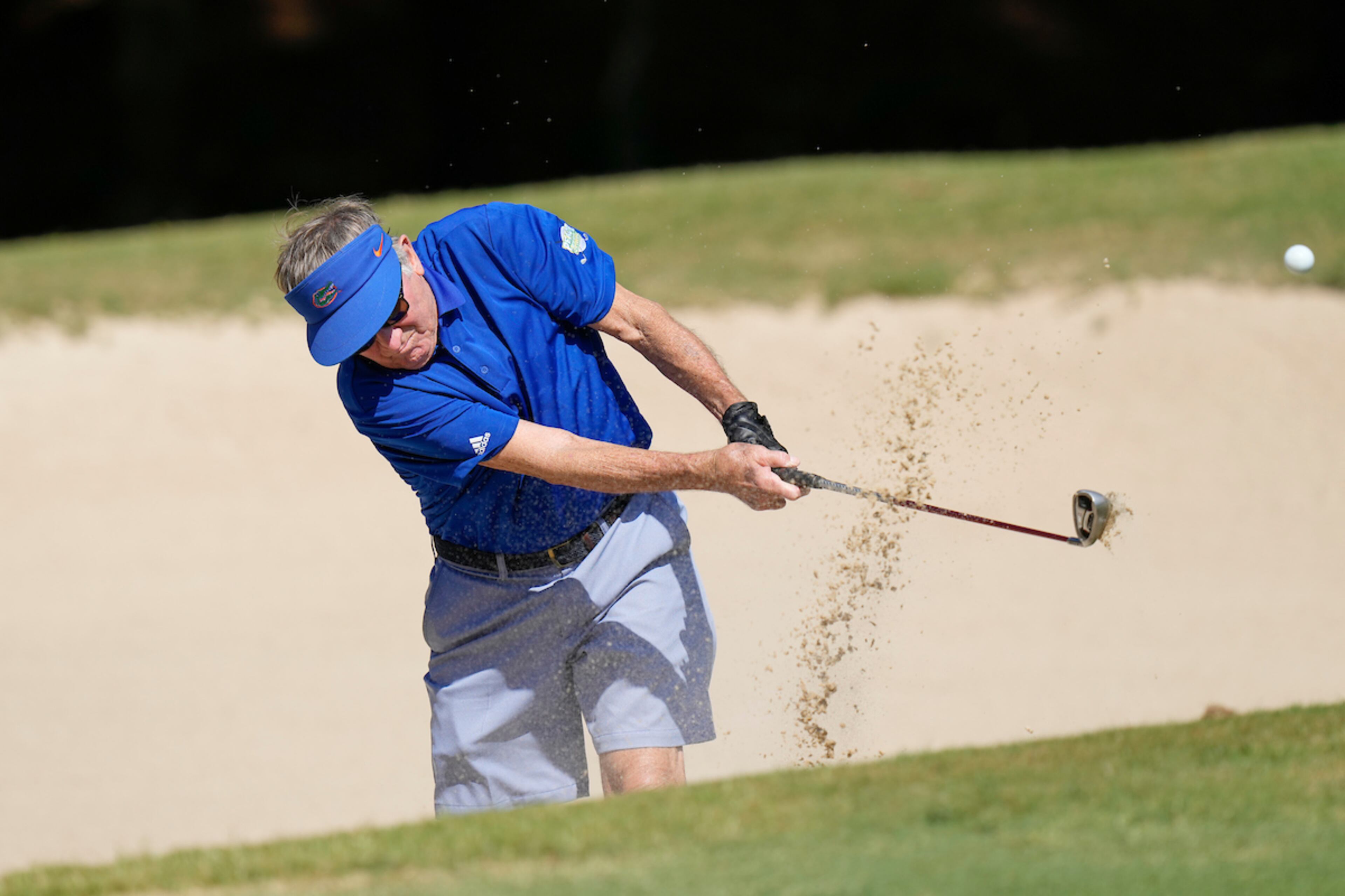Former Florida and South Carolina football coach Steve Spurrier competes in the Peach Bowl charity golf tournament on Tuesday, May 3, 2022, in Greensboro, Ga. (Paul Abell/Abell Images)