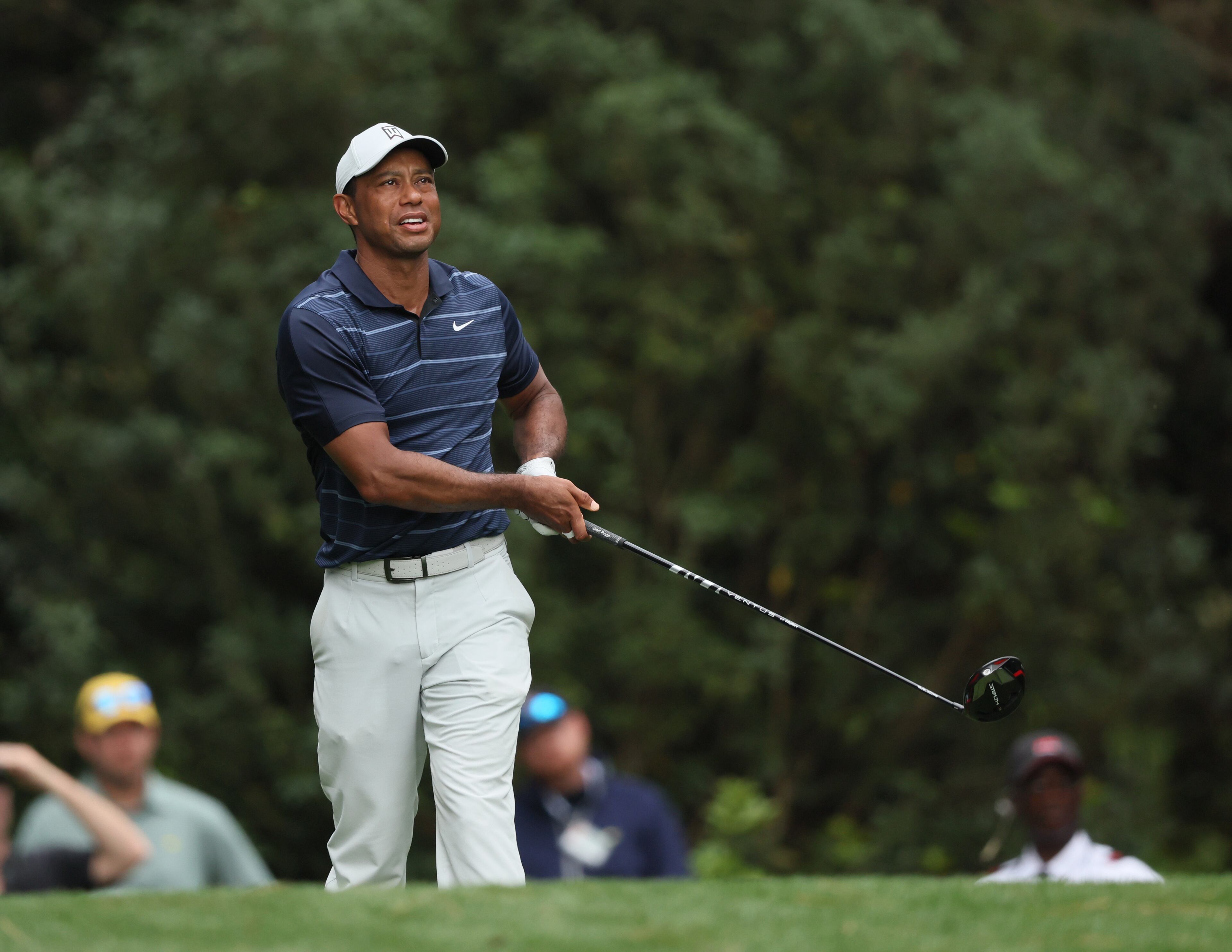 Tiger Woods tees off on 11th hole during second round of the 2023 Masters Tournament at Augusta National Golf Club, Friday, April 7, 2023, in Augusta, Ga. (Jason Getz / Jason.Getz@ajc.com)