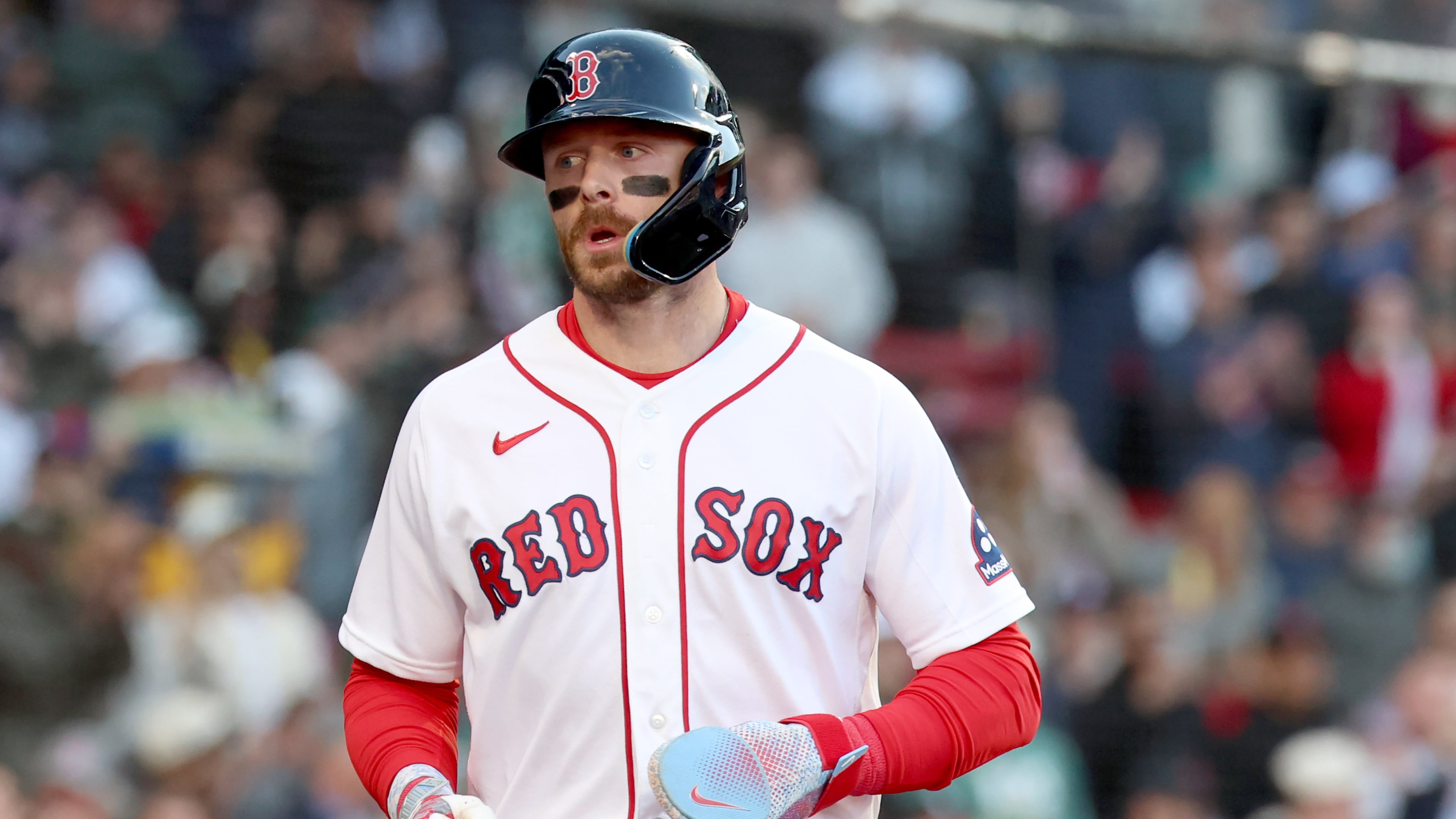 Boston Red Sox's Trevor Story runs to the dug out after scoring during the second inning of a baseball game against the New York Yankees, Thursday, April 23, 2026, in Boston. (AP Photo/Mark Stockwell)