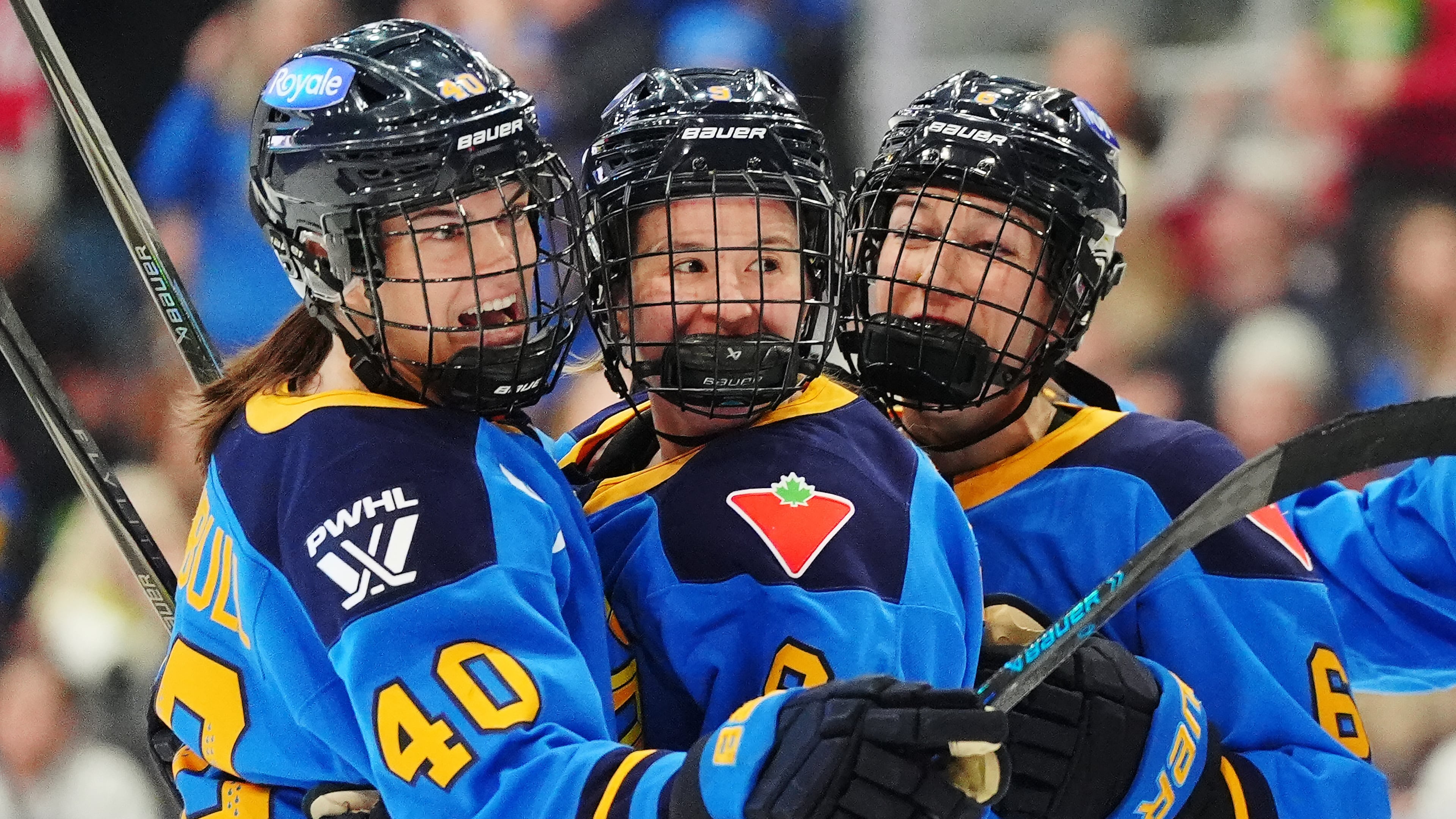 FILE - Toronto Sceptres' Blayre Turnbull (40) celebrates her goal against the Montreal Victoire with Daryl Watts, center, and Kali Flanagan (6) during the second period of an PWHL hockey game in Toronto, Tuesday, March 3, 2026. (Frank Gunn/The Canadian Press via AP,File)
