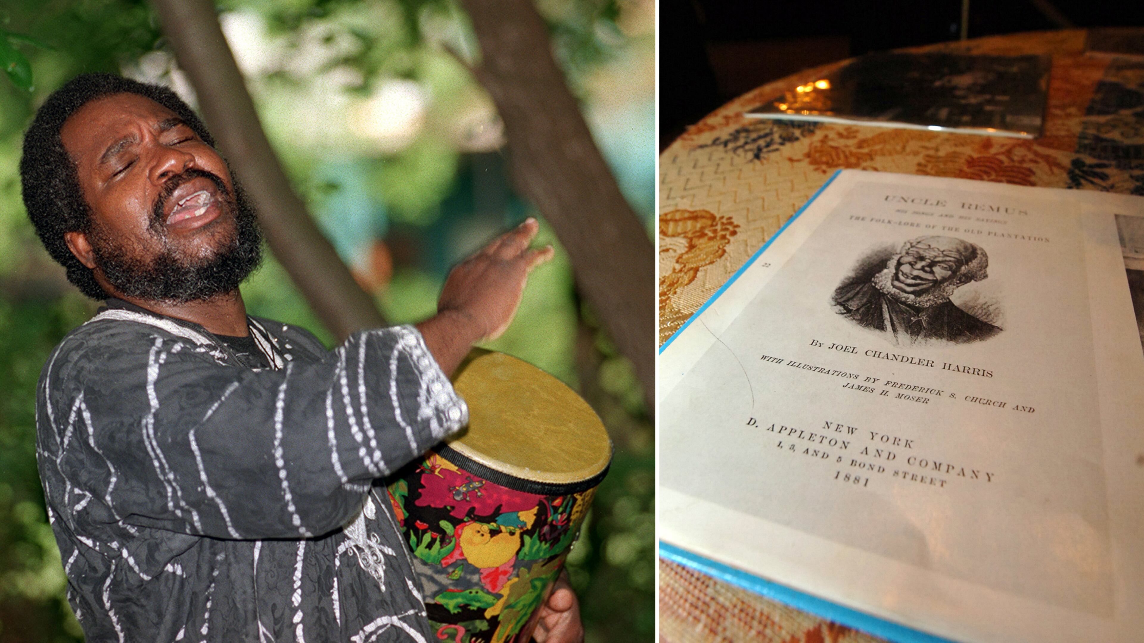 (Left) Storyteller Akbar Imhotep punctuates a tale with drumbeats in the garden of The Wren's Nest, home of late author Joel Chandler Harris. (Right) A copy of Uncle Remus sits on a drawing table in the library of the Wren's Nest.