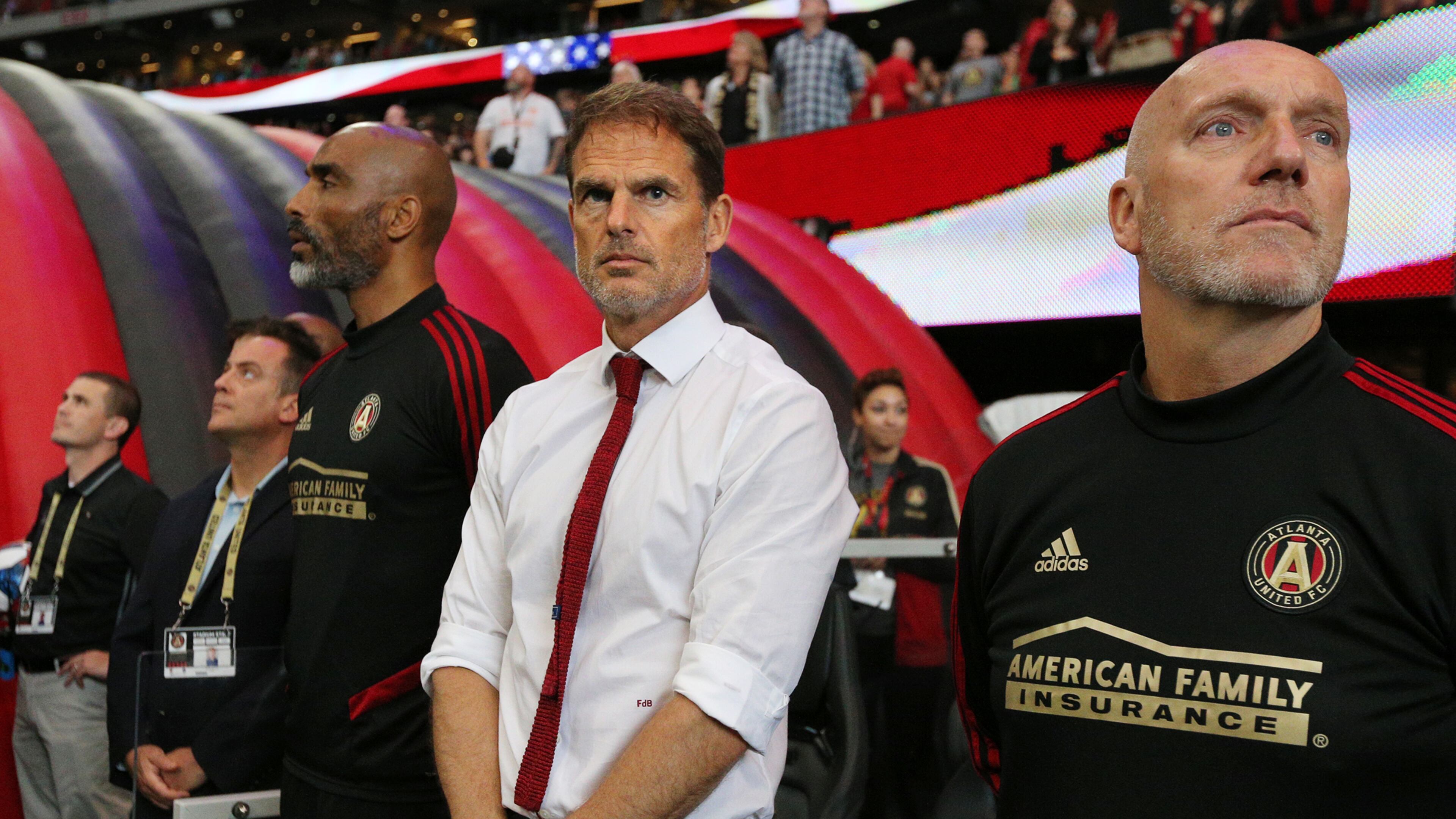 May 12, 2019 Atlanta: Atlanta United head coach Frank de Boer (center) and assistant coaches take the bench for the game against Orlando City in a MLS soccer match on Sunday, May 12, 2019, in Atlanta. Curtis Compton/ccompton@ajc.com