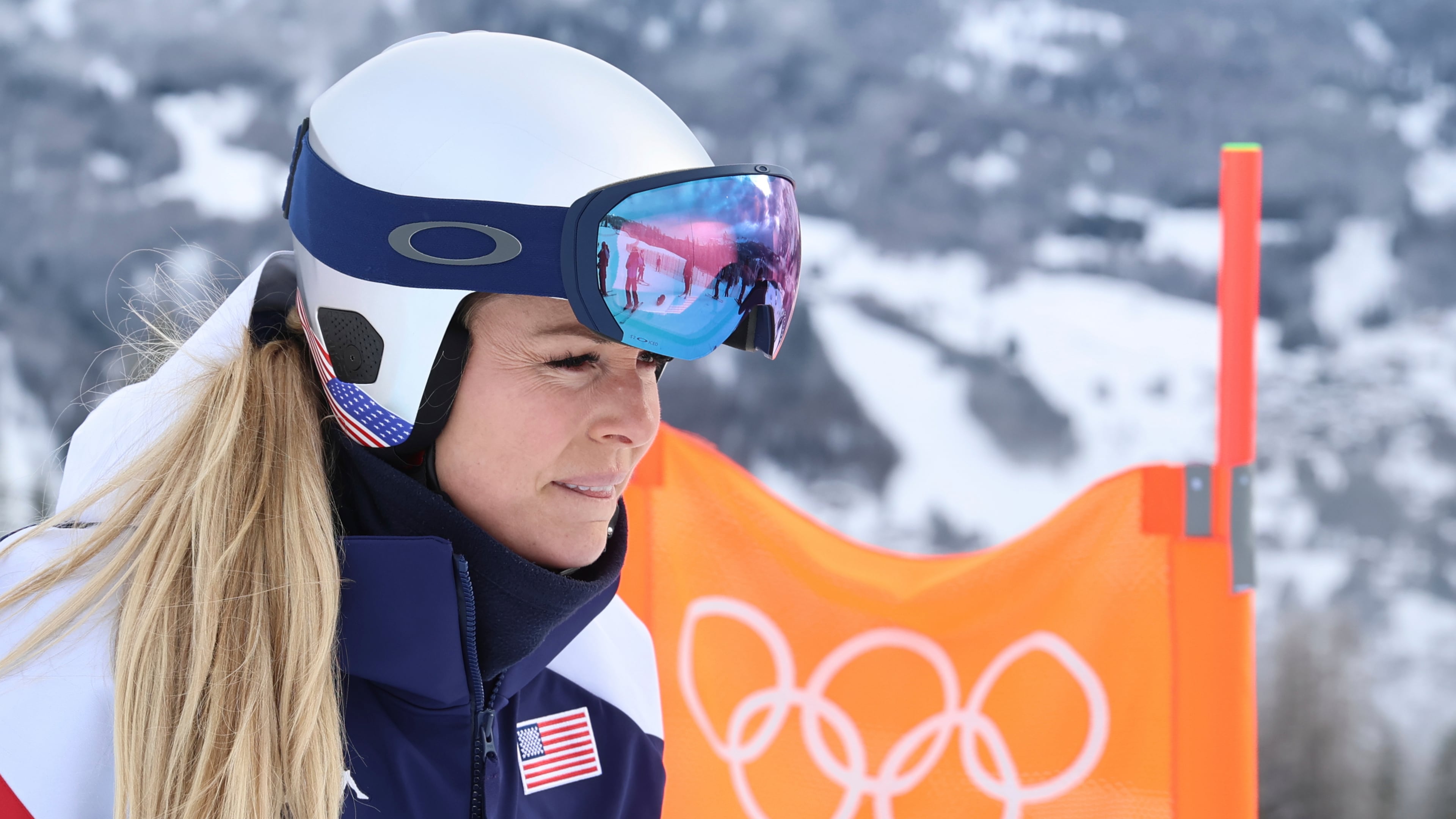 United States' Lindsey Vonn concentrates ahead of an alpine ski, women's downhill official training, at the 2026 Winter Olympics, in Cortina d'Ampezzo, Italy, Friday, Feb. 6, 2026. (AP Photo/Marco Trovati)