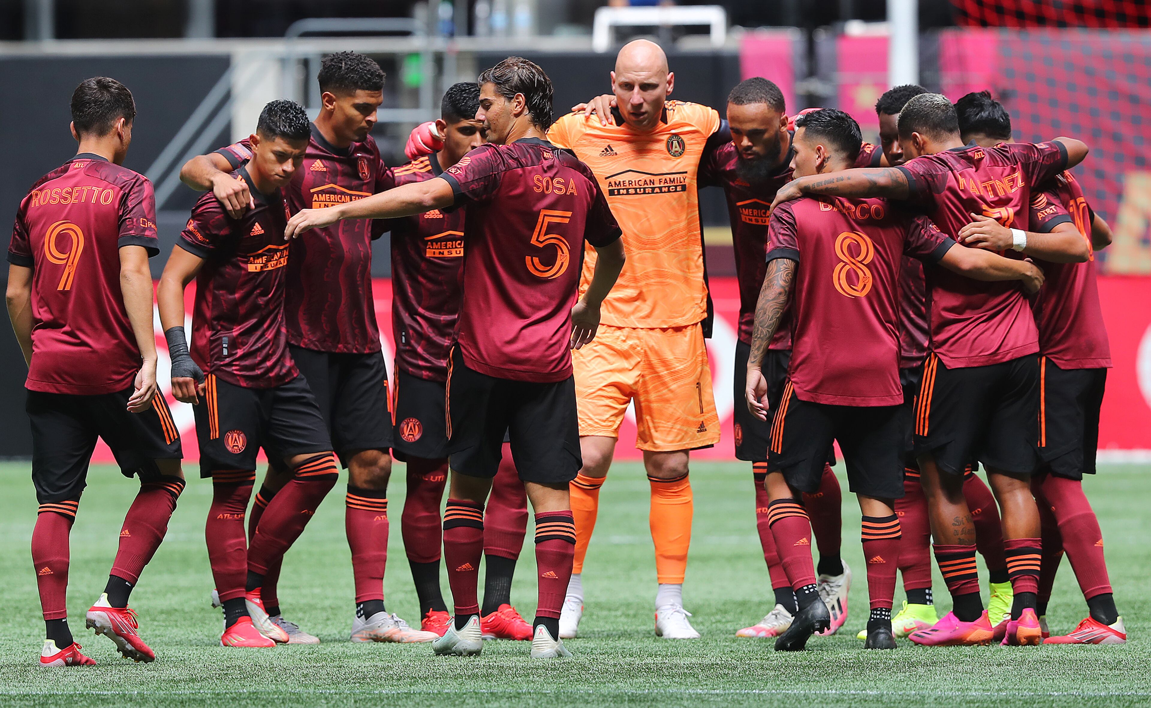 Atlanta United takes the field to play Los Angeles FC Sunday, Aug. 15, 2021, at Mercedes-Benz Stadium in Atlanta. Announced attendance was 67,503. (Curtis Compton / Curtis.Compton@ajc.com)