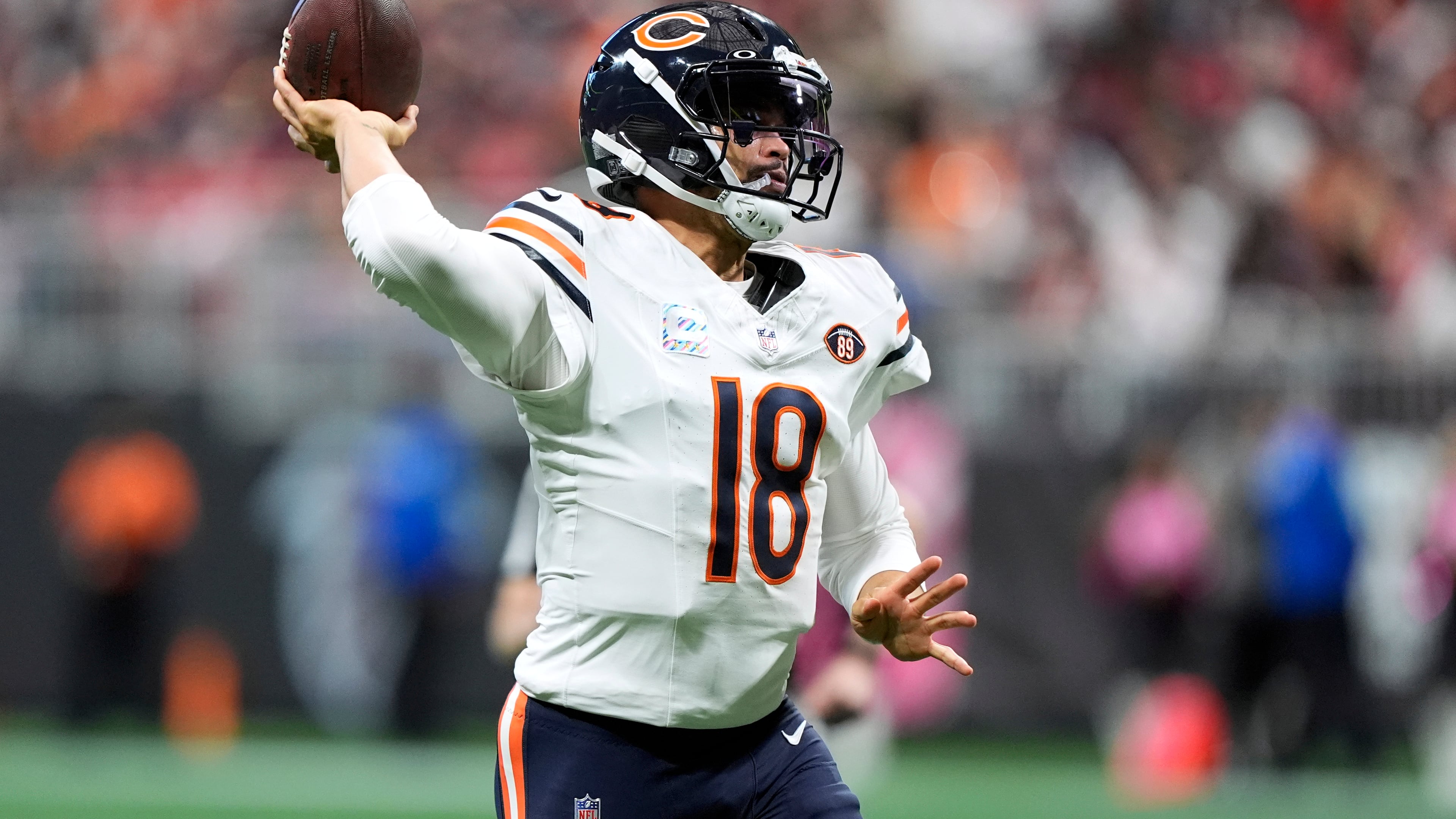 Chicago Bears quarterback Caleb Williams passes against the Atlanta Falcons during the first half of an NFL football game in Atlanta, Sunday, Oct. 18, 2026. (AP Photo/Brynn Anderson)