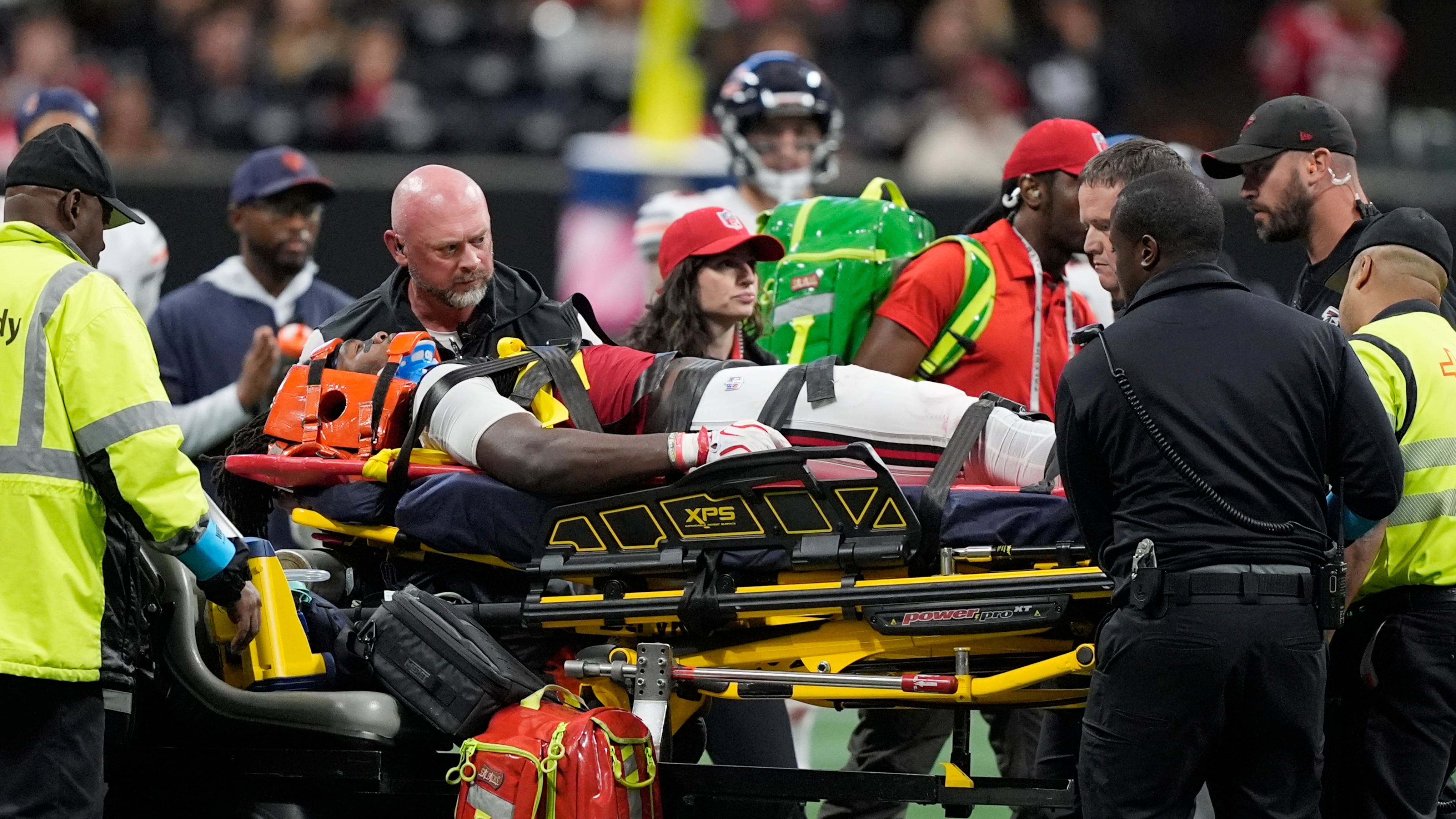 Falcons linebacker Kendal Daniels is taken off the field after being injured during the second half against the Bears on Sunday, Oct. 18, 2026, in Atlanta. (Mike Stewart/AP)