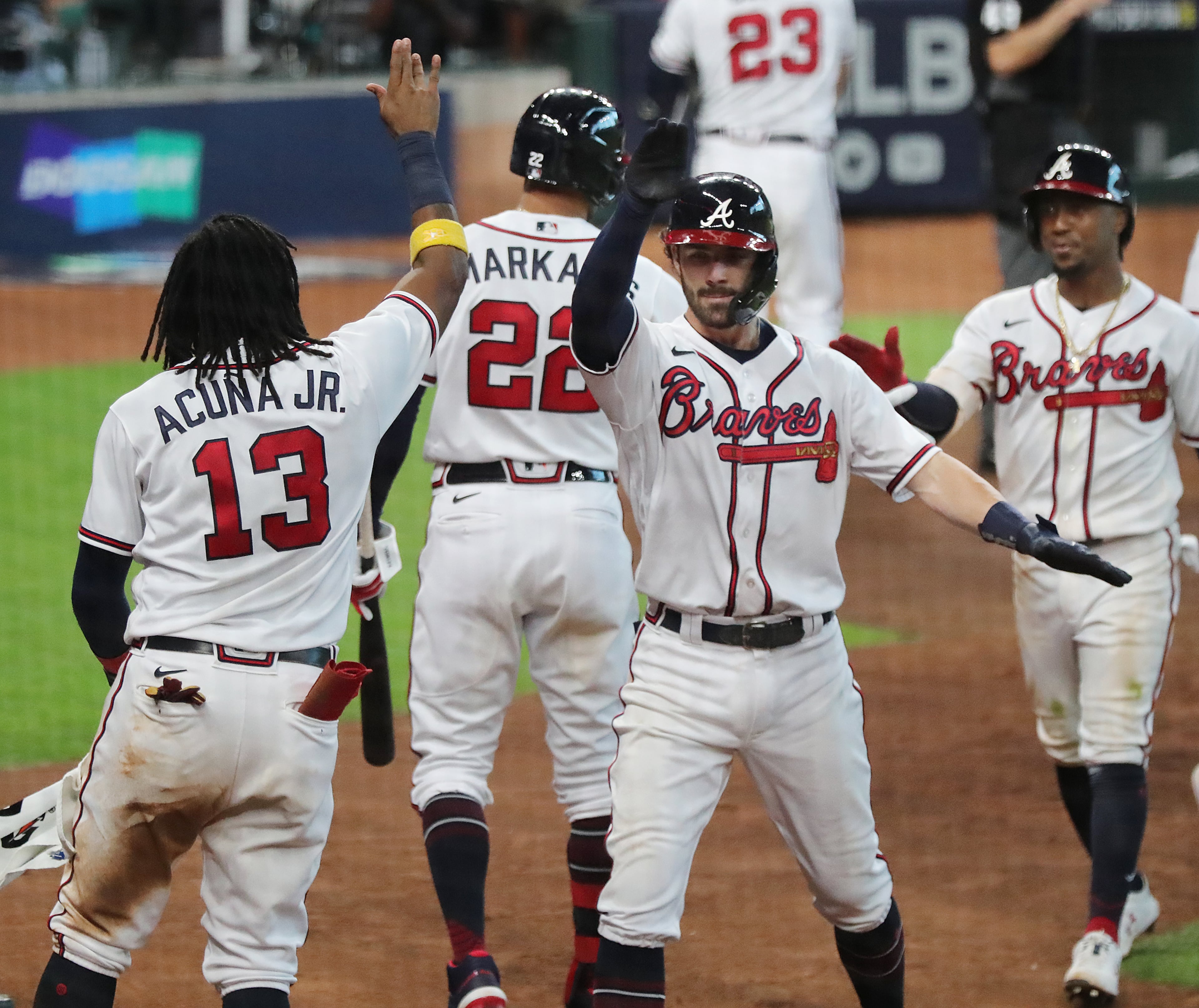 Braves celebrate against the Miami Marlins during Game 1 of a National League Division Series at Minute Maid Park on Tuesday, Oct 6, 2020 in Houston. “Curtis Compton / Curtis.Compton@ajc.com”