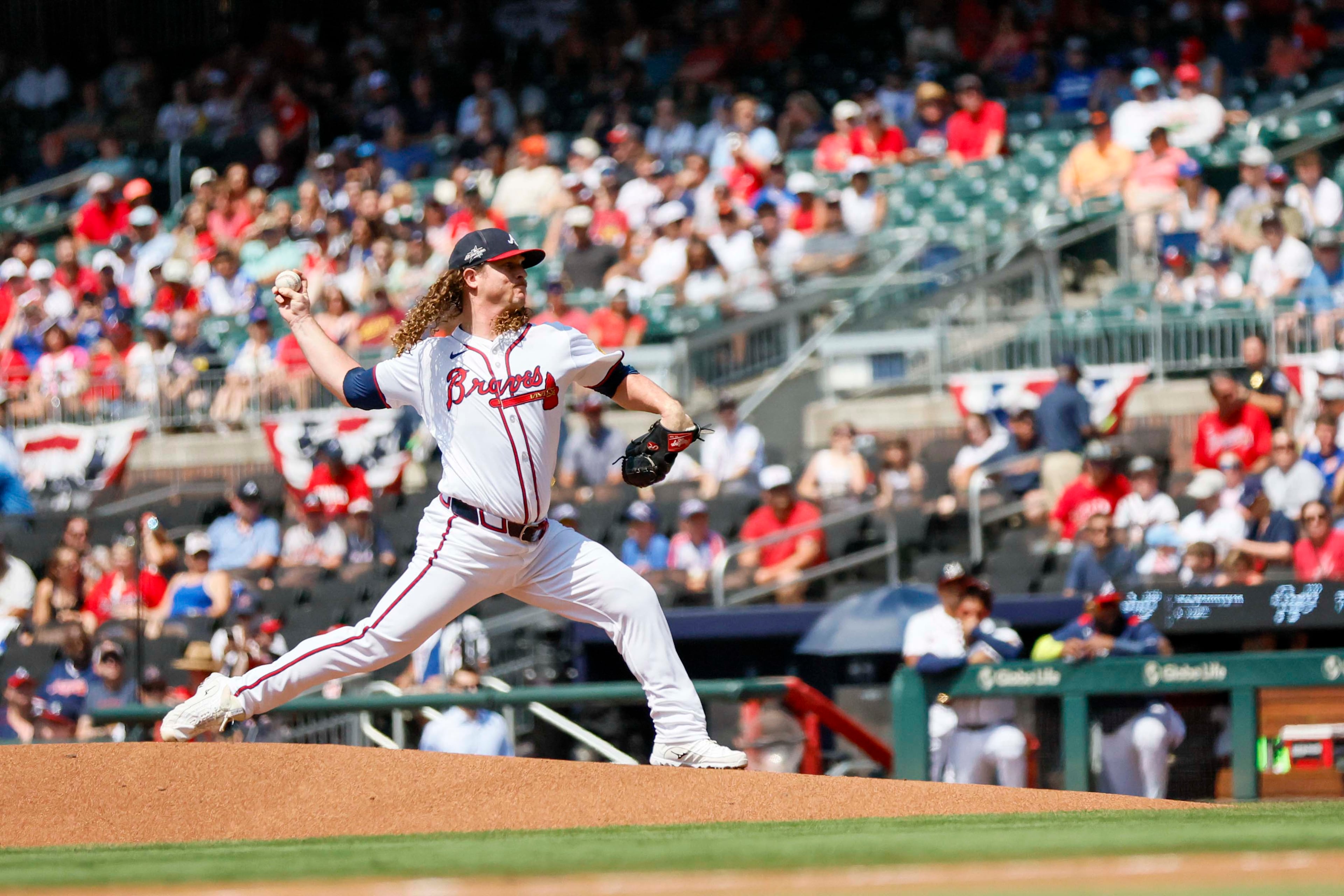 Braves starting pitcher Grant Holmes throws a pitch to a Baltimore Orioles batter during the first inning at Truist Park on Sunday, July 6, 2025, in Atlanta.
(Miguel Martinez/ AJC)