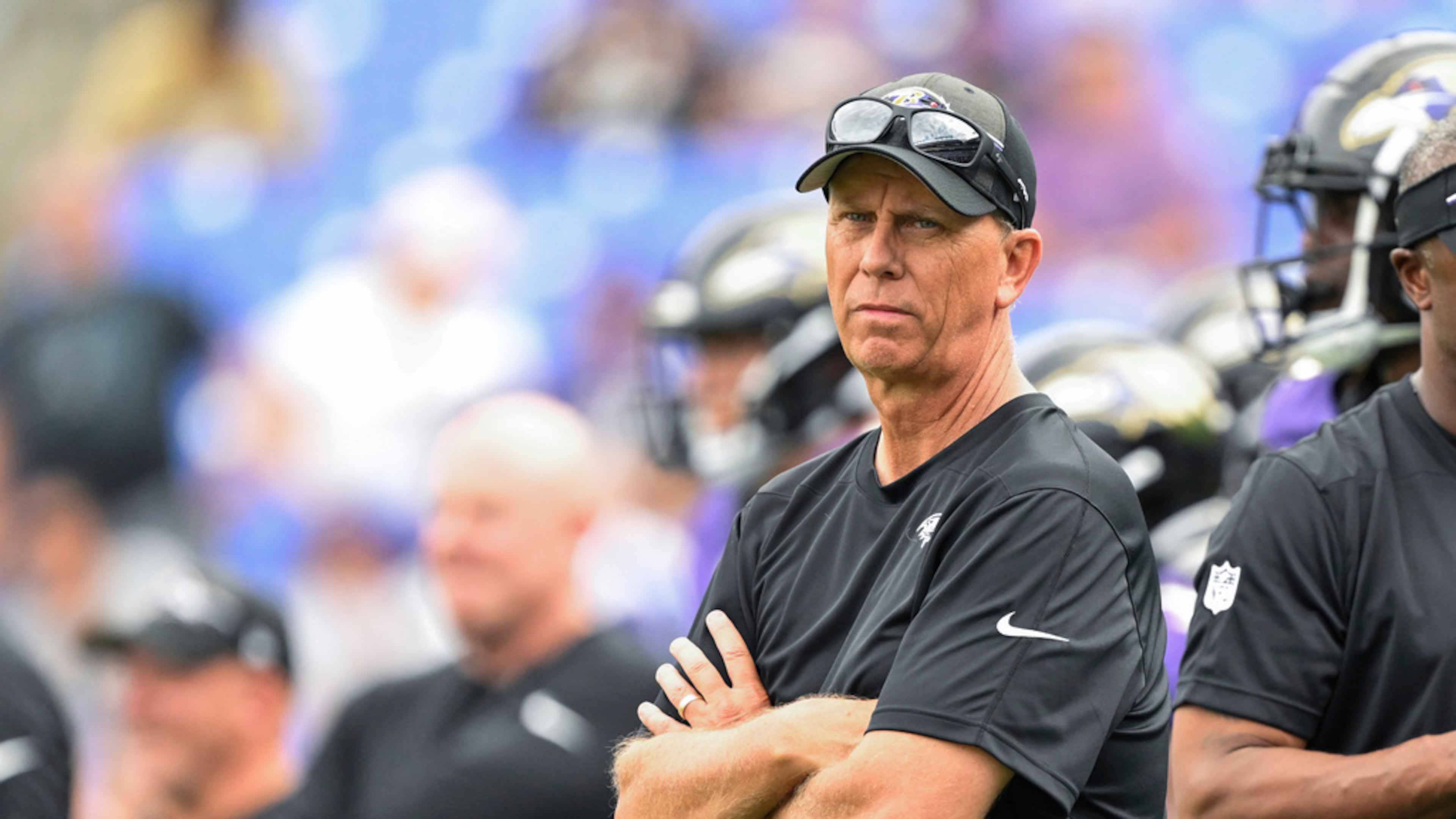 After the Ravens missed out on the playoffs with a loss to the Steelers on Sunday, head coach John Harbaugh (and offensive coordinator Todd Monken (center) — pictured during a 2022 preseason game — could be out of a job in Baltimore. That would make them possible hires for the Falcons' vacant head coaching position. (Terrance Williams/AP 2022)