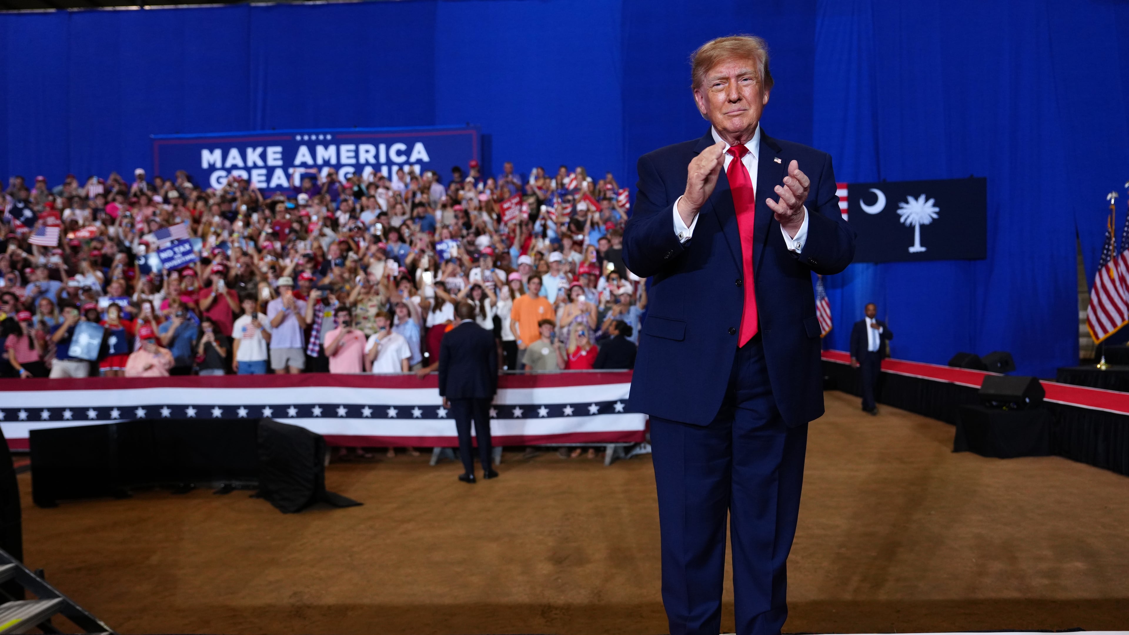 President Donald Trump arrives at a campaign rally at the T. Ed Garrison Arena, Wednesday, Oct. 21, 2026, in Pendleton, S.C. (AP Photo/Julia Demaree Nikhinson)