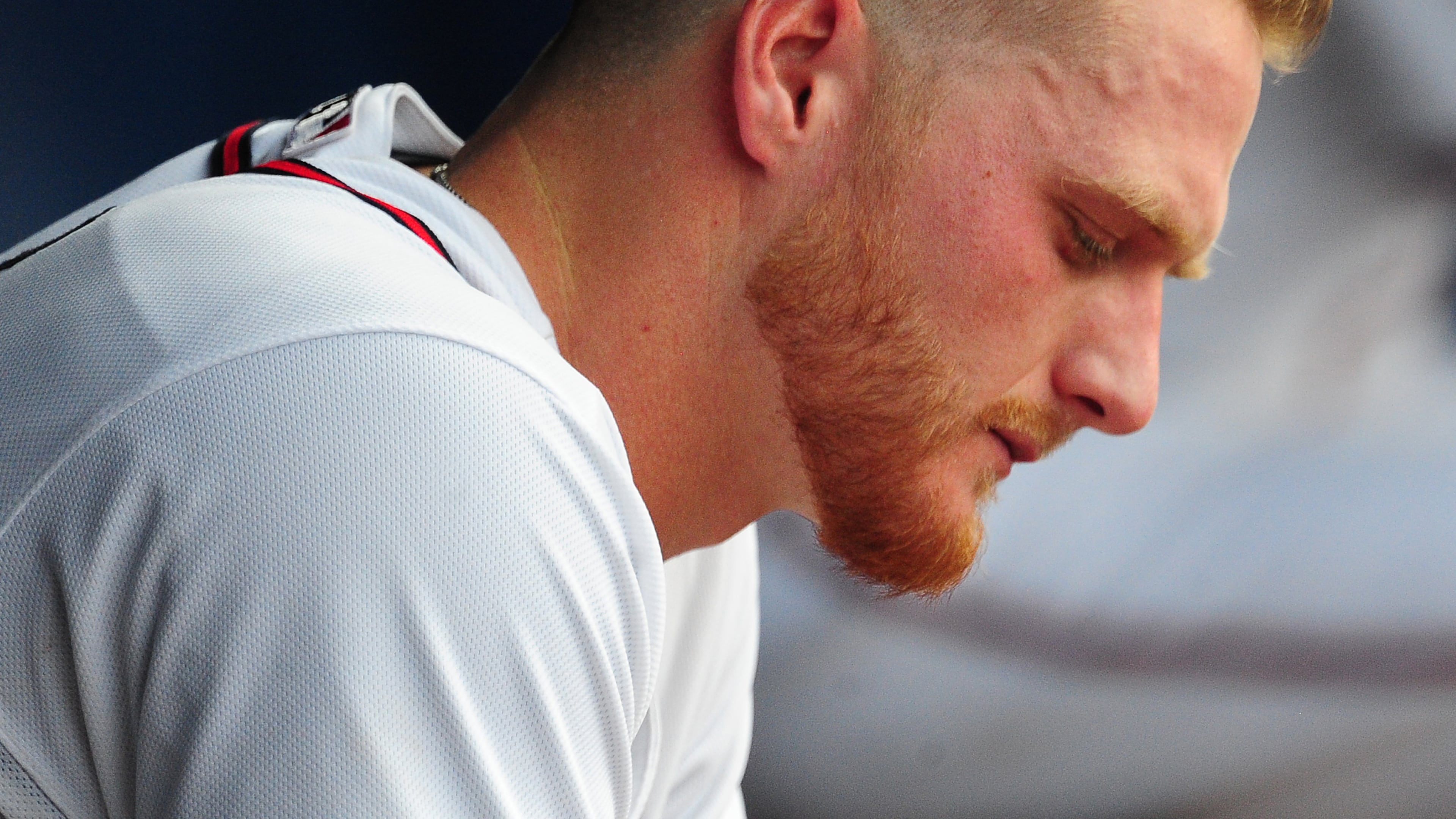Shelby Miller of the Braves sits in the dugout after allowing a four-run first inning against Washington Tuesday night. (Scott Cunningham/Getty Images)