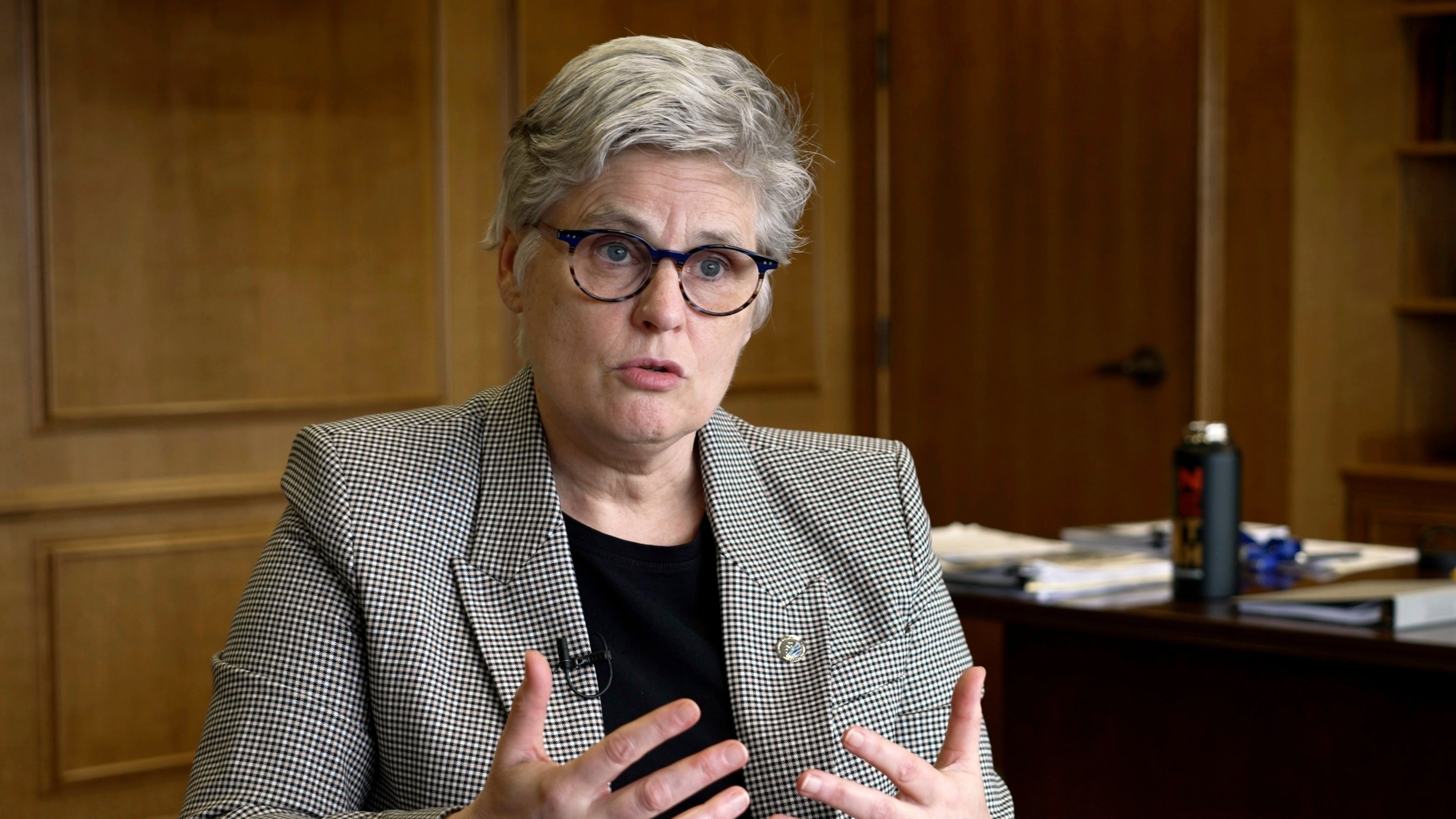 FILE - Hennepin County Attorney Mary Moriarty explains her progressive approach to prosecutions, June 19, 2024, at her office in Minneapolis, Minn. (AP Photo/Mark Vancleave, File)