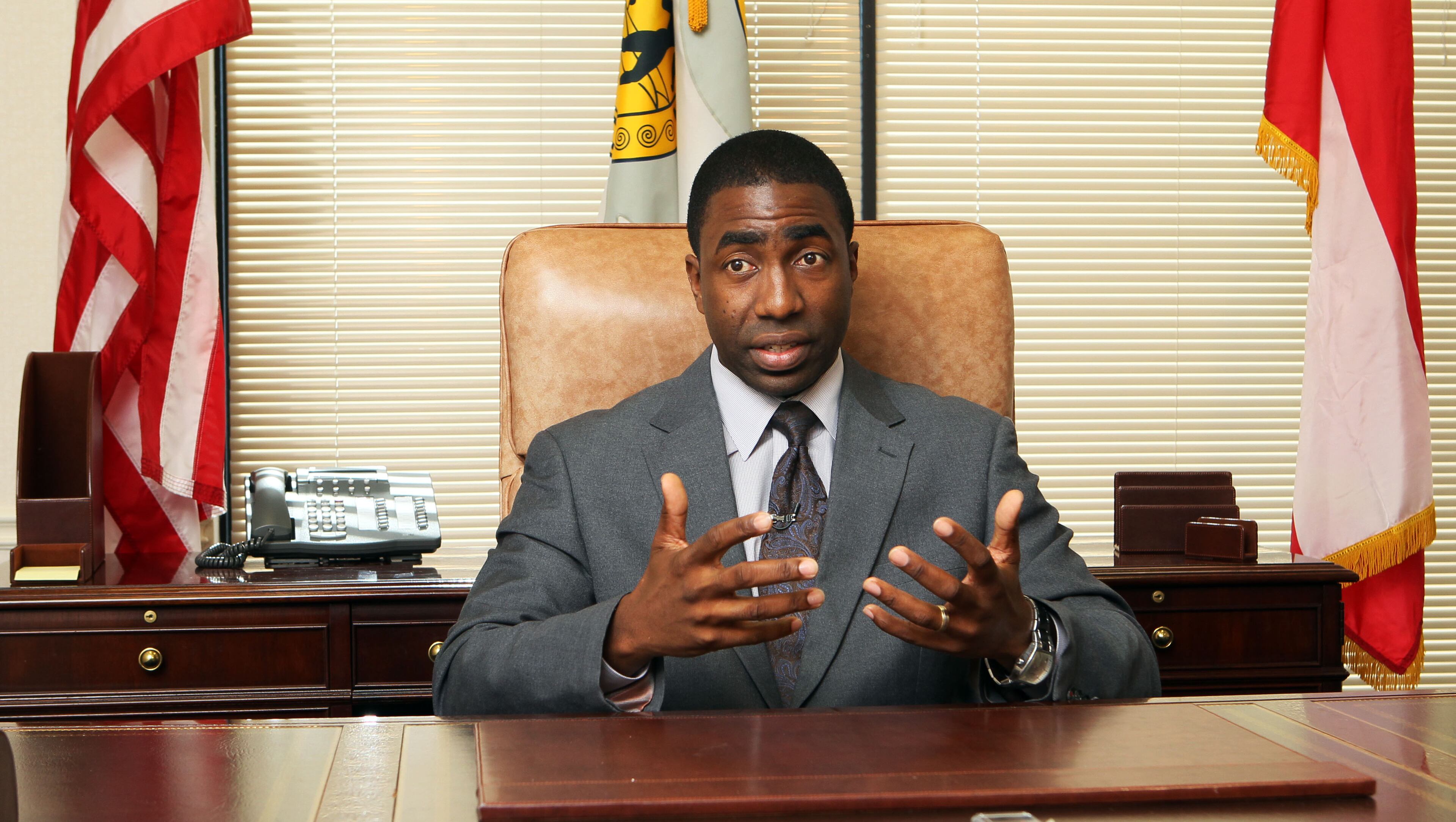 Newly appointed DeKalb County CEO Lee May during an exclusive interview with the AJC and Channel 2 Action News at the Manuel J. Maloof Center in Decatur on July 17, 2013. May was sworn in as acting CEO late Tuesday, just an hour after Gov. Nathan Deal announced he was suspending Burrell Ellis from office as he fights 14 felony charges.