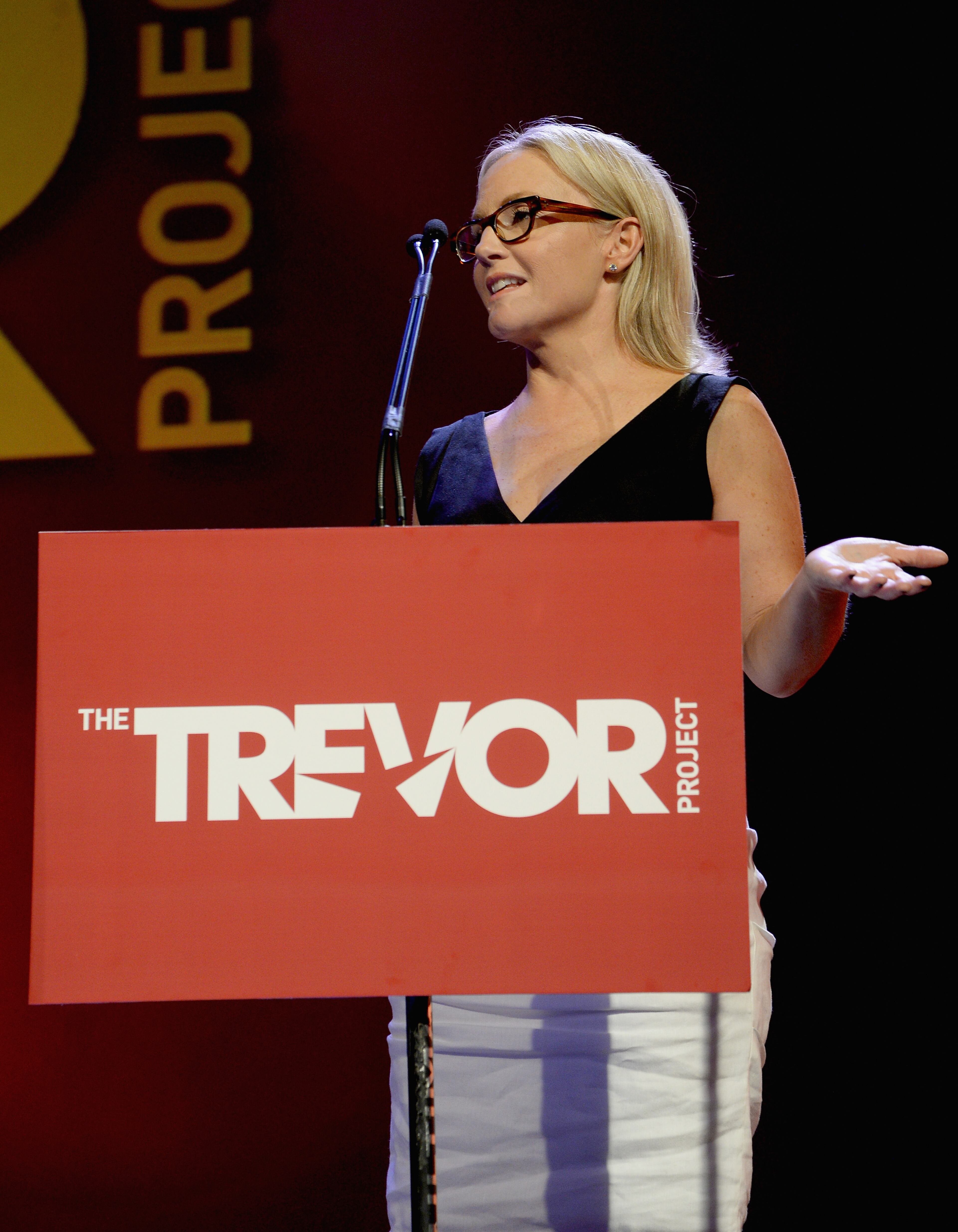 NEW YORK, NY - JUNE 16: Actress Rachael Harris speaks onstage at the Trevor Project's 2014 "TrevorLIVE NY" Event at the Marriott Marquis Hotel on June 16, 2014 in New York City. (Photo by Jamie McCarthy/Getty Images for The Trevor Project)