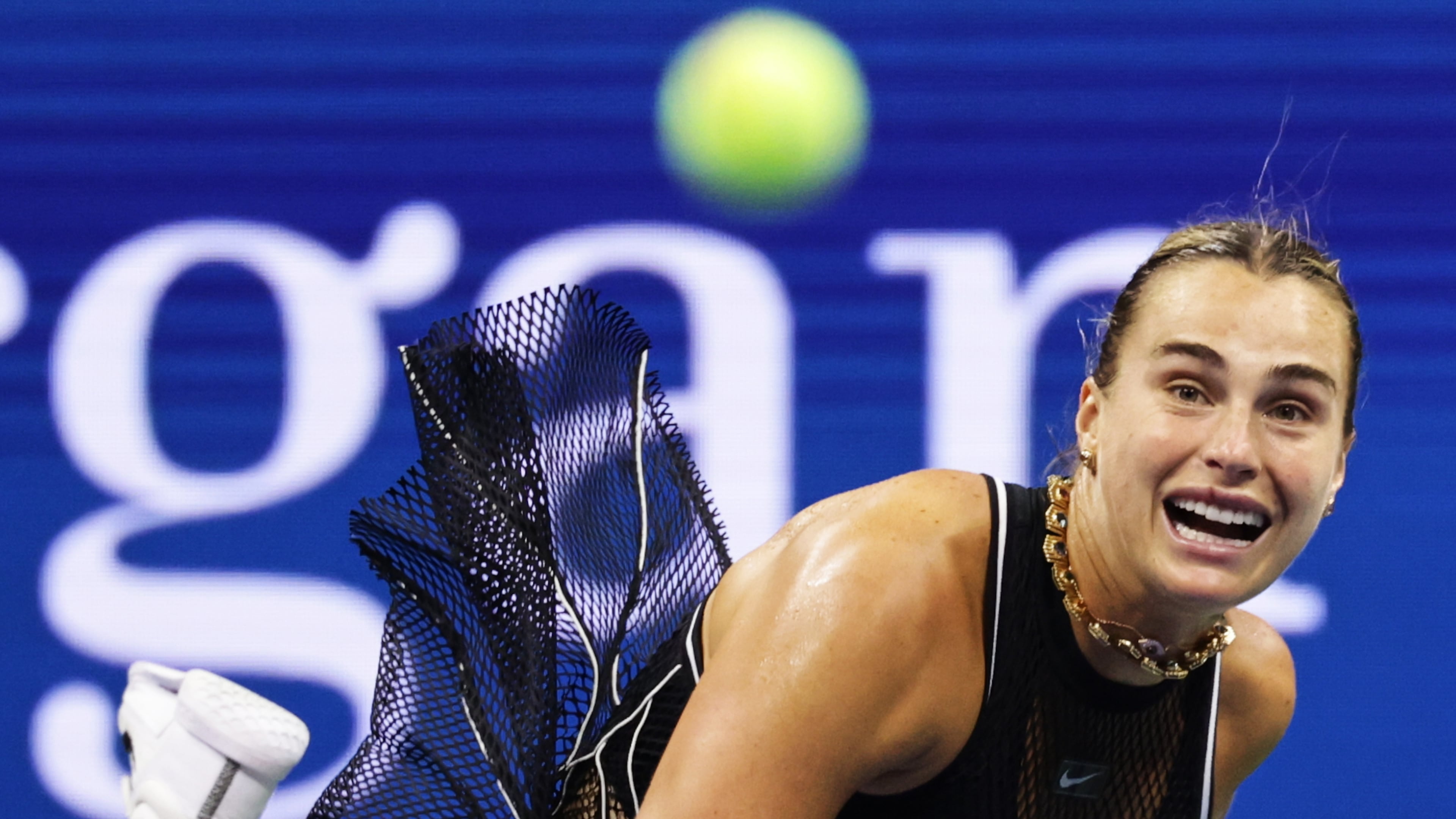 Aryna Sabalenka, of Belarus, serves to Polina Iatcenko, of Russia, during the second round of the U.S. Open tennis championships, Wednesday, Sept. 2, 2026, in New York. (AP Photo/Adam Hunger)