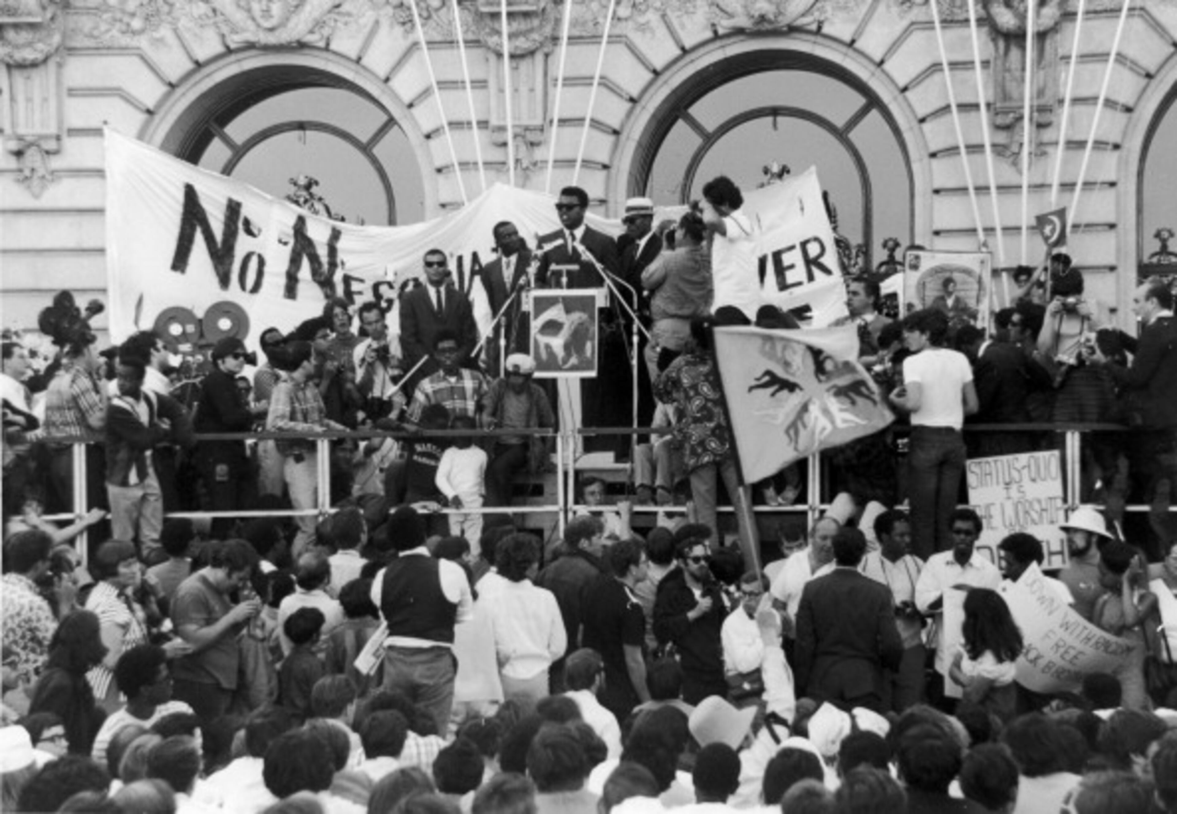 Heavyweight boxer Muhammad Ali addresses a race rally during the peace rally at the Civic Center in San Francisco, 27th April 1968. (Photo by FPG/Getty Images)