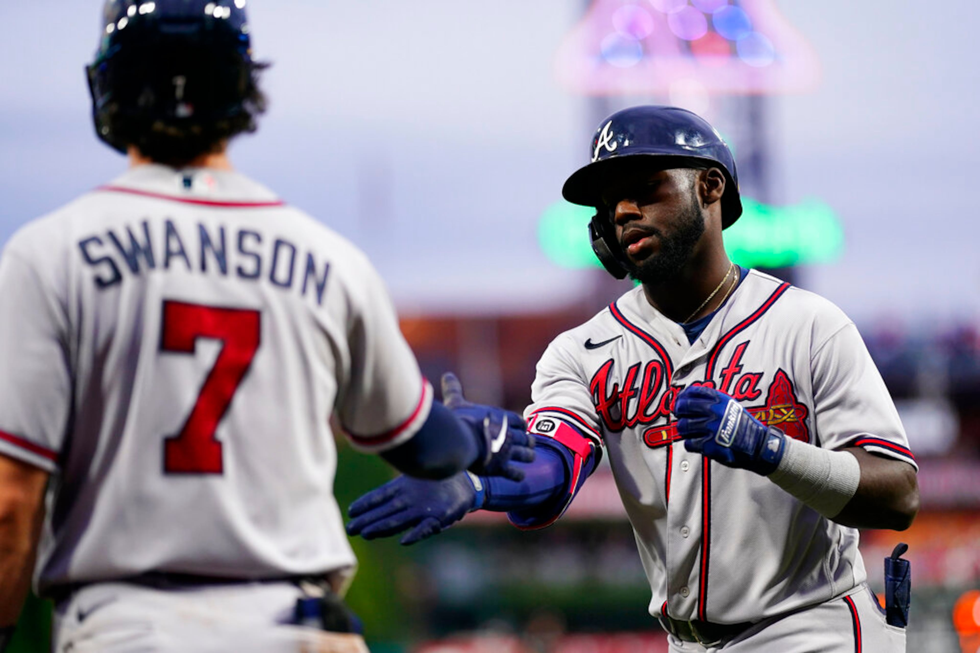 Atlanta Braves' Michael Harris II, right, celebrates with Dansby Swanson after hitting a home run during the third inning of a baseball game against the Philadelphia Phillies, Tuesday, July 26, 2022, in Philadelphia. (AP Photo/Matt Slocum)
