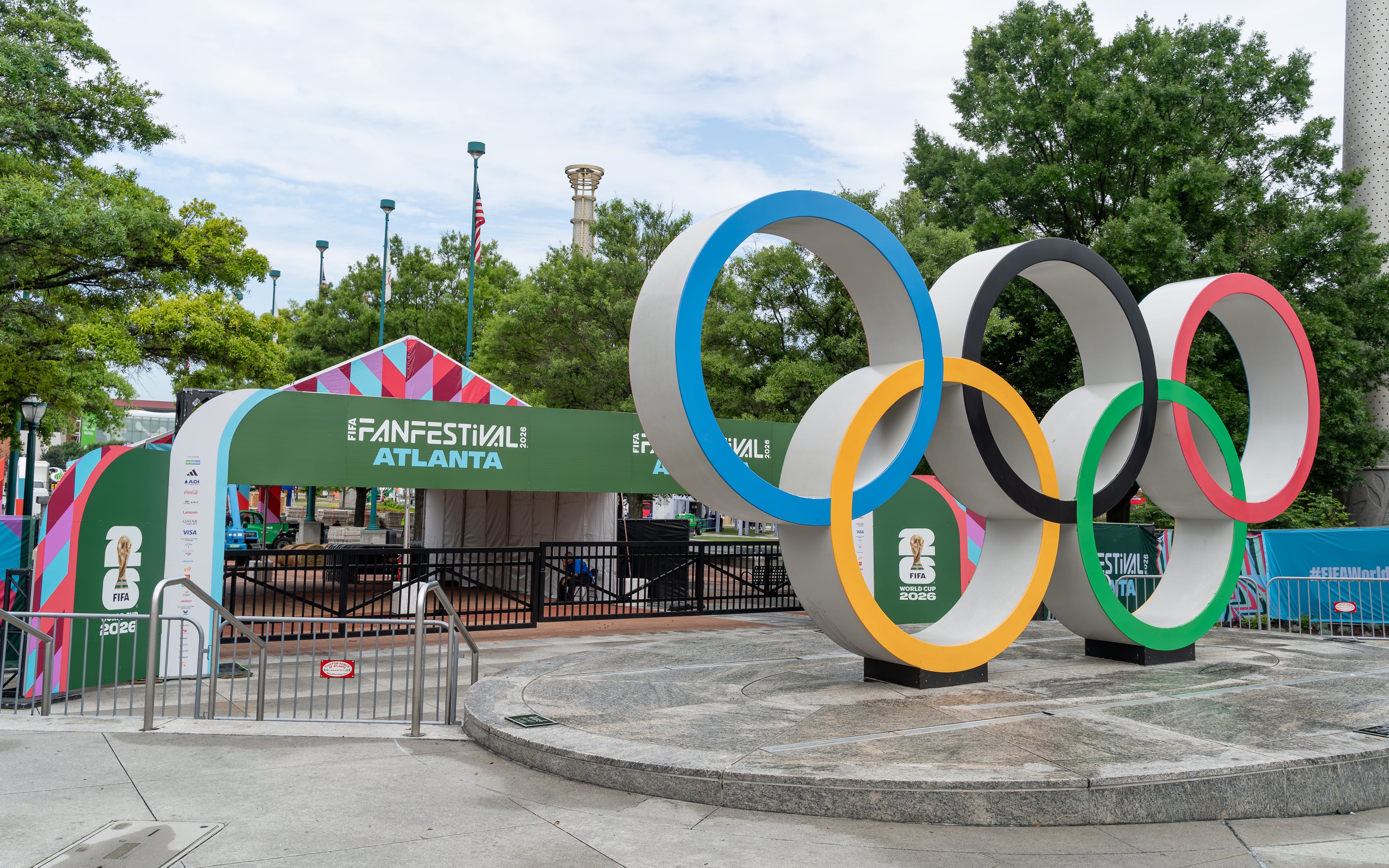 Work continues at Cenntennial Olympic Park on Tuesday, June 9, 2026, in preparation for the upcoming FIFA Fan Festival. (Ben Hendren for the AJC)