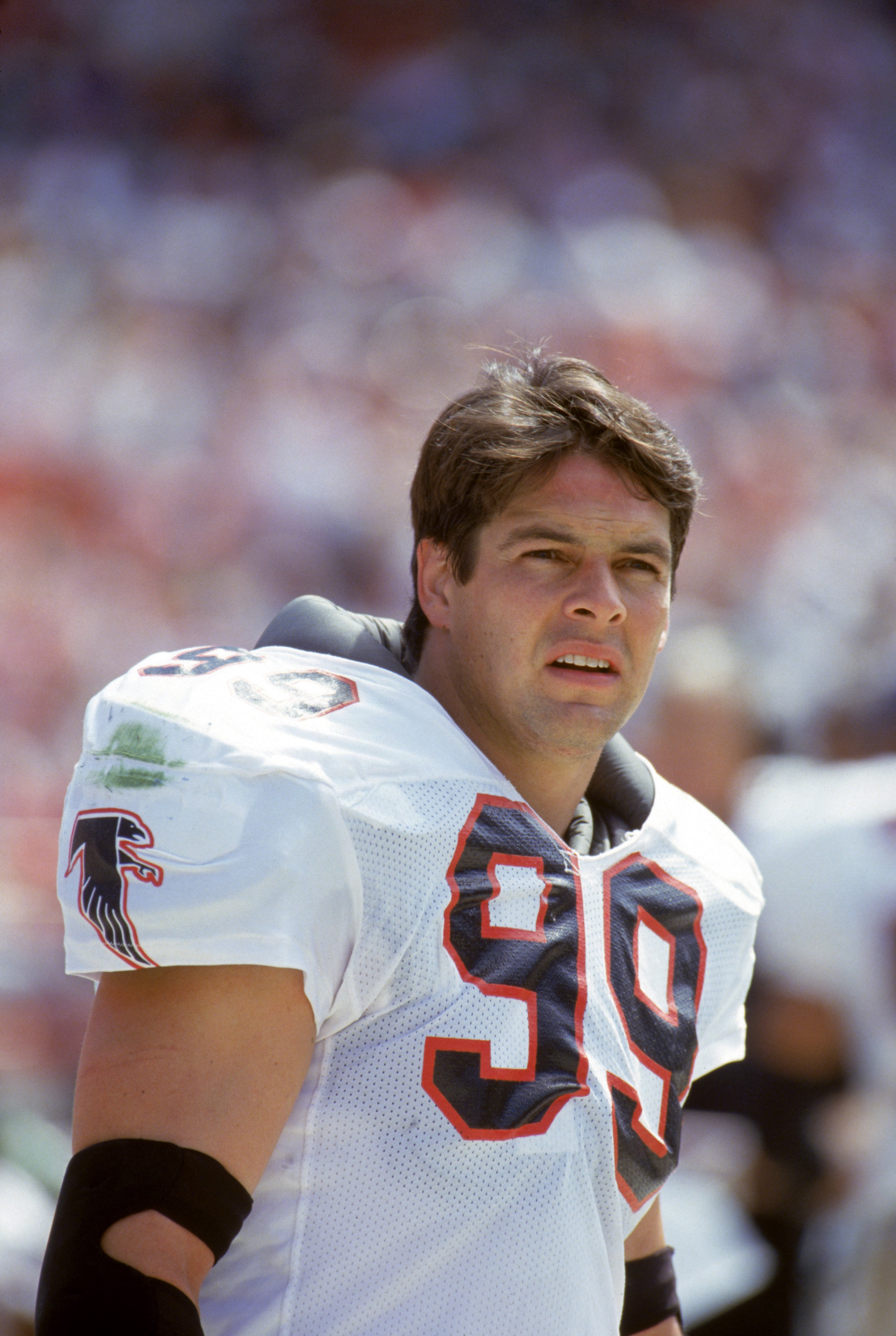 Tim Green of the Falcons looks on during a game against the San Francisco 49ers at Candlestick Park on September 19, 1993 in San Francisco, California. (Photo by George Rose/Getty Images)