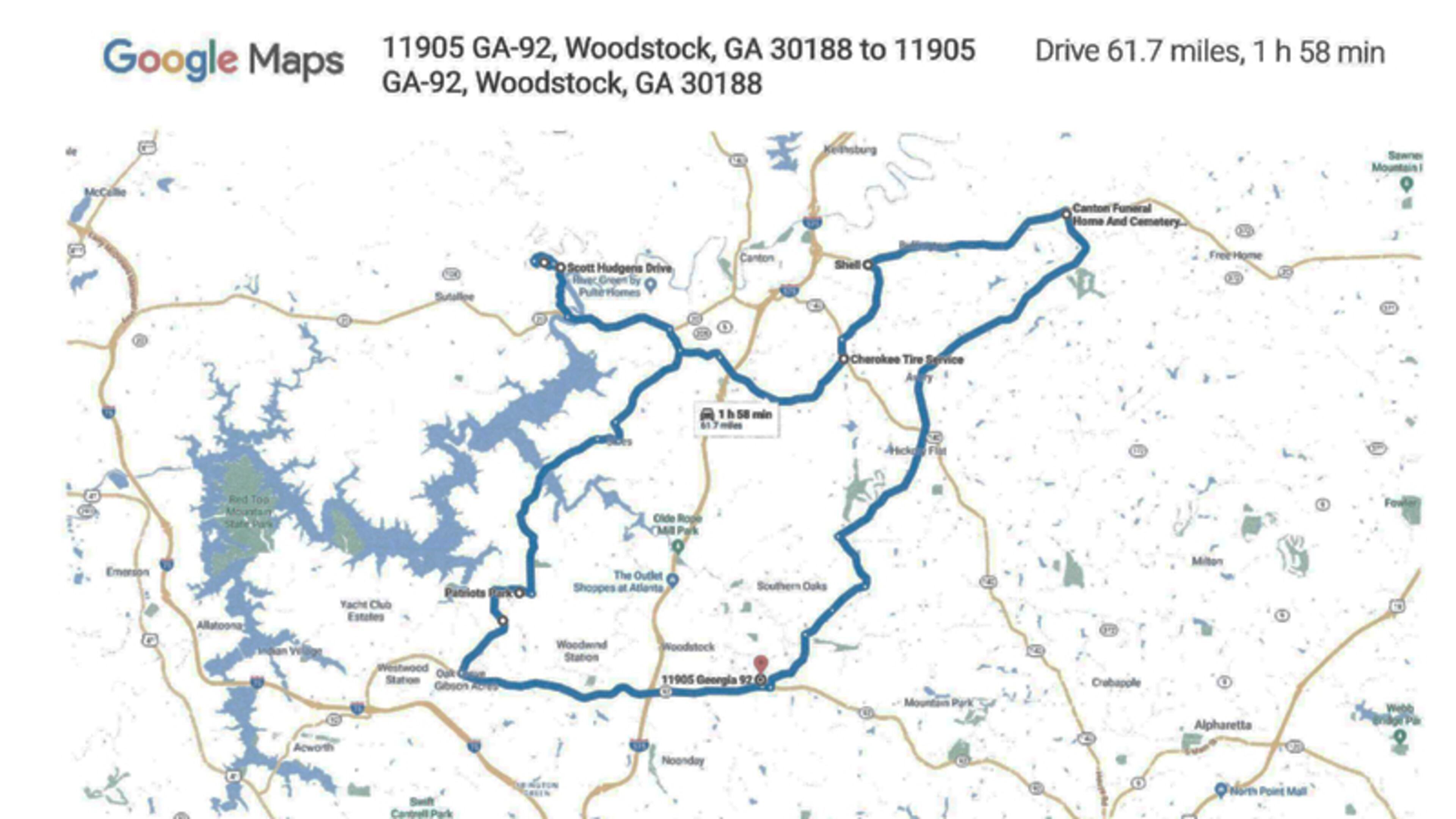 Map depicts the route of the Supporting Our Military Heroes Ride, a fund raiser for veterans organizations Saturday, Oct. 27, in Cherokee County. The ride begins and ends at the First Baptist Church of Woodstock. CITY OF WOODSTOCK