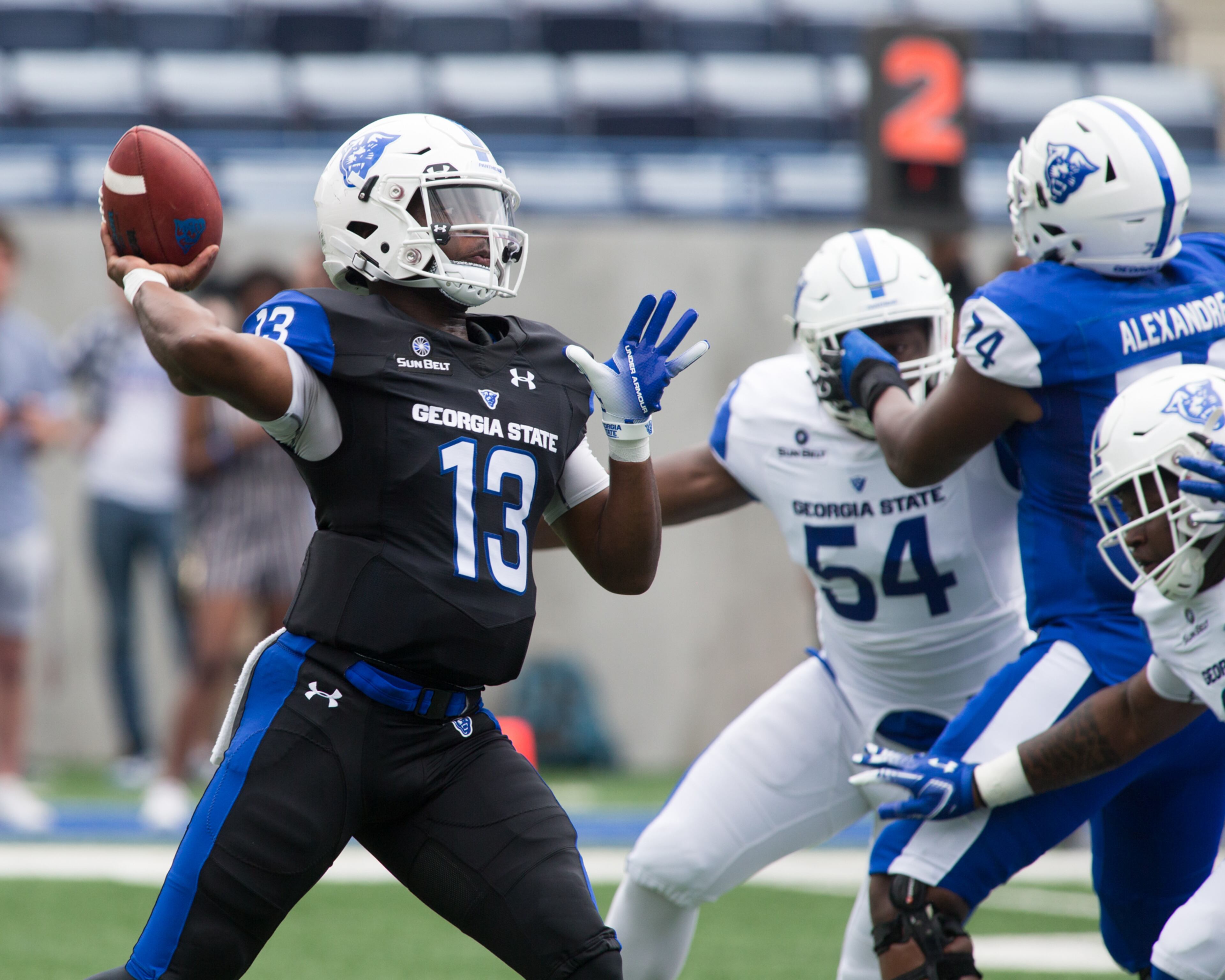 Quarterback #13 Dan Ellington threw a strong pass as Panther fans got their first look at the 2019 Georgia State University football team in action during the annual Blue-white Spring Game at Georgia State Stadium in Atlanta on Saturday April 13th, 2019. (Photo by Phil Skinner)