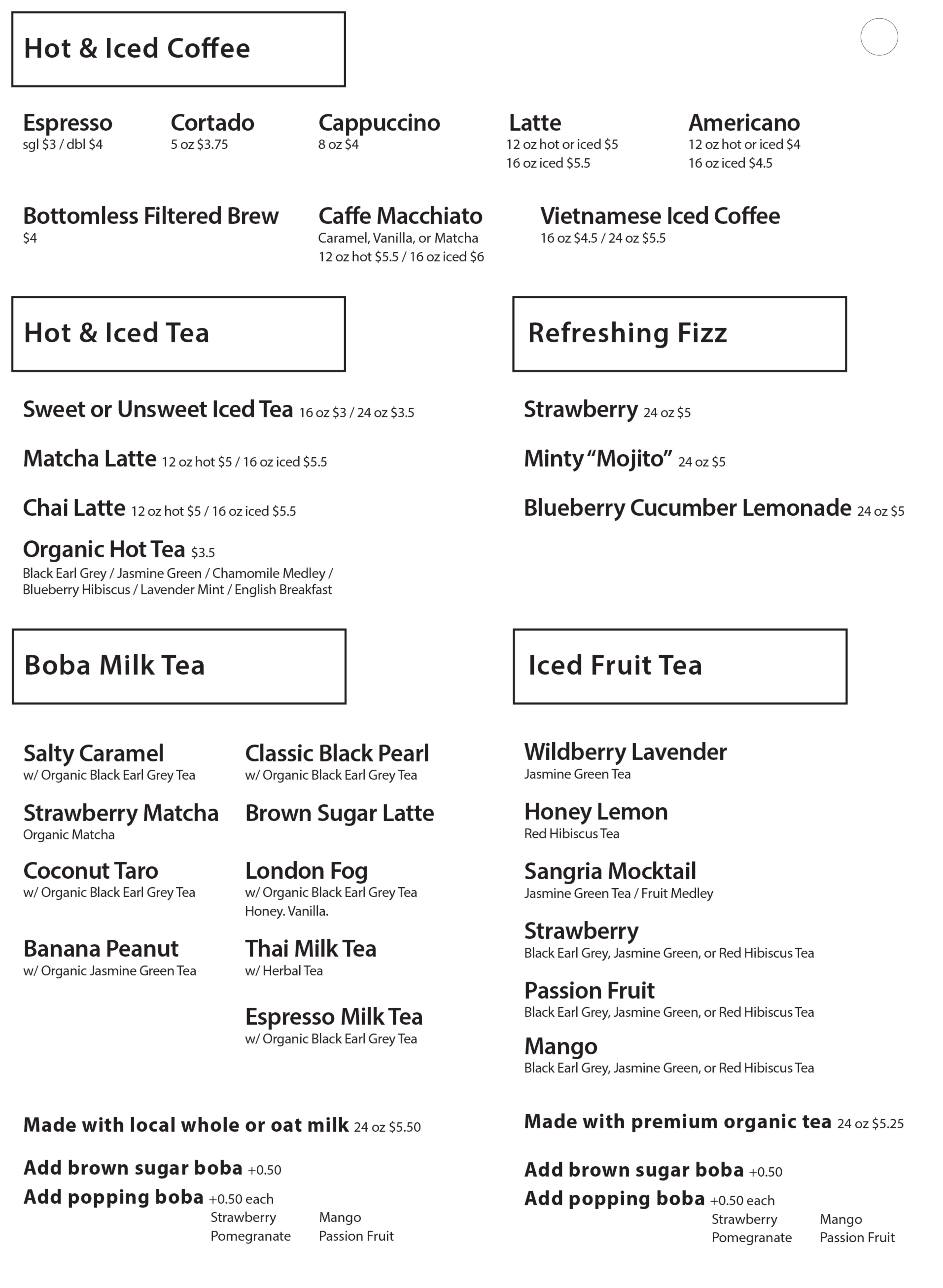 Wonderful World Coffee and Tea menu
