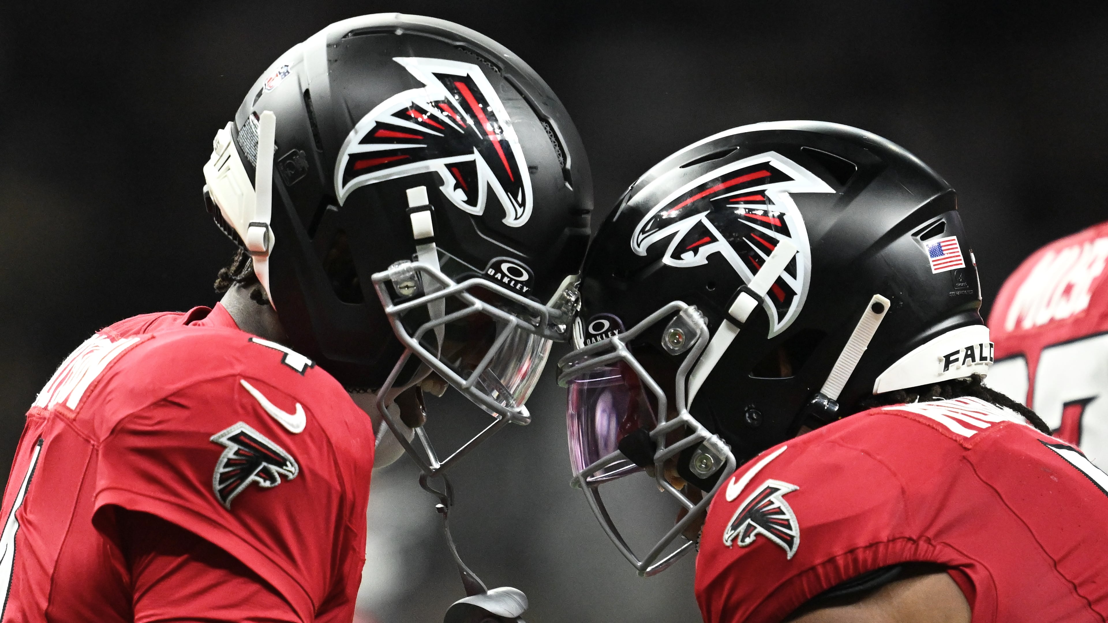 Atlanta Falcons wide receiver Jahan Dotson (left) is congratulated by running back Bijan Robinson after scoring against the New Orleans Saints during the second half of an NFL football game in New Orleans, Monday, Oct. 5, 2026. (Ella Hall/AP)