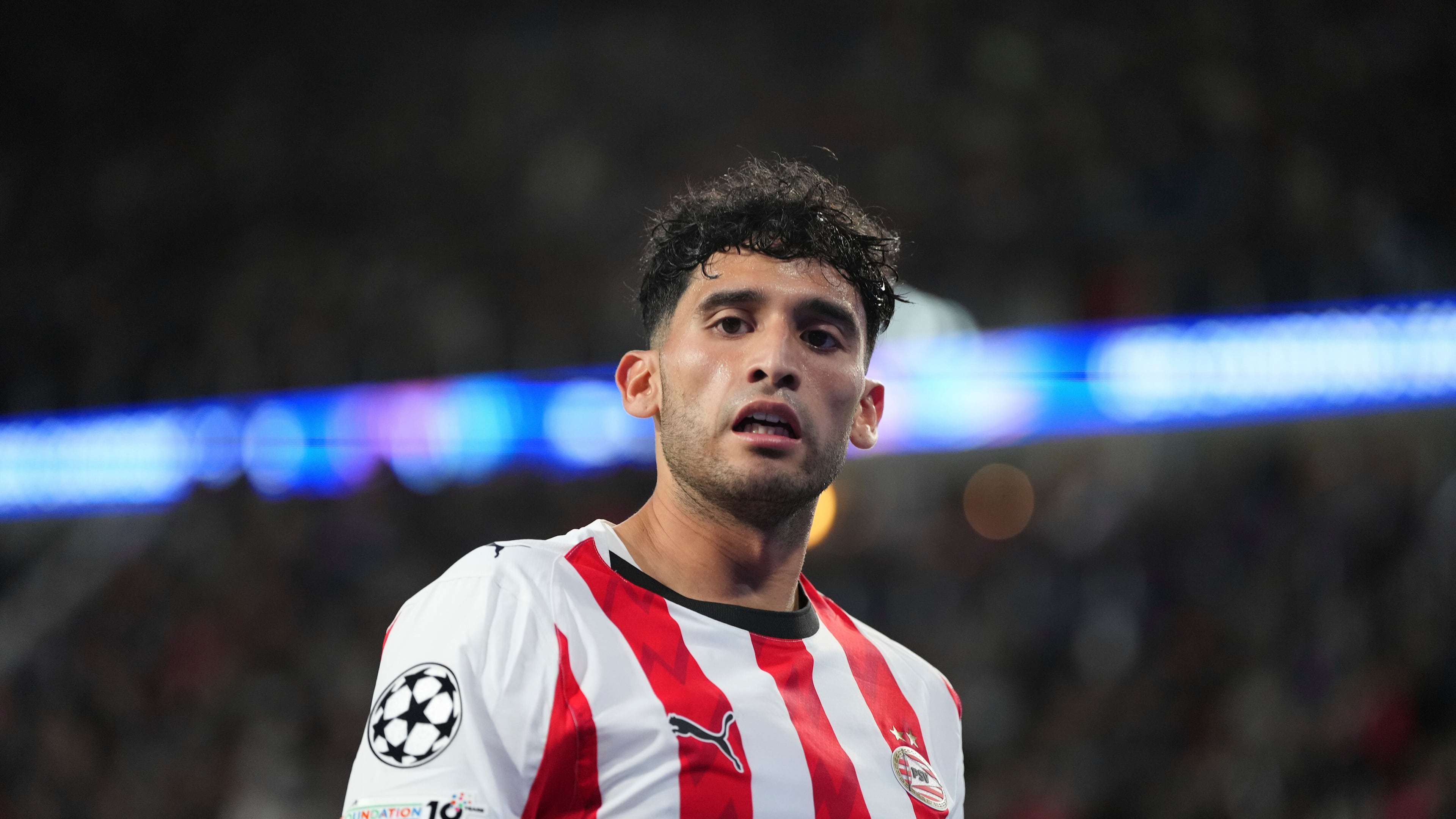 FILE - PSV's Ricardo Pepi reacts after missing a scoring chance during a Champions League opening phase soccer match between PSV and Union SG, at the PSV stadium in Eindhoven, Netherlands, Sept.16, 2025. (AP Photo/Peter Dejong, file)