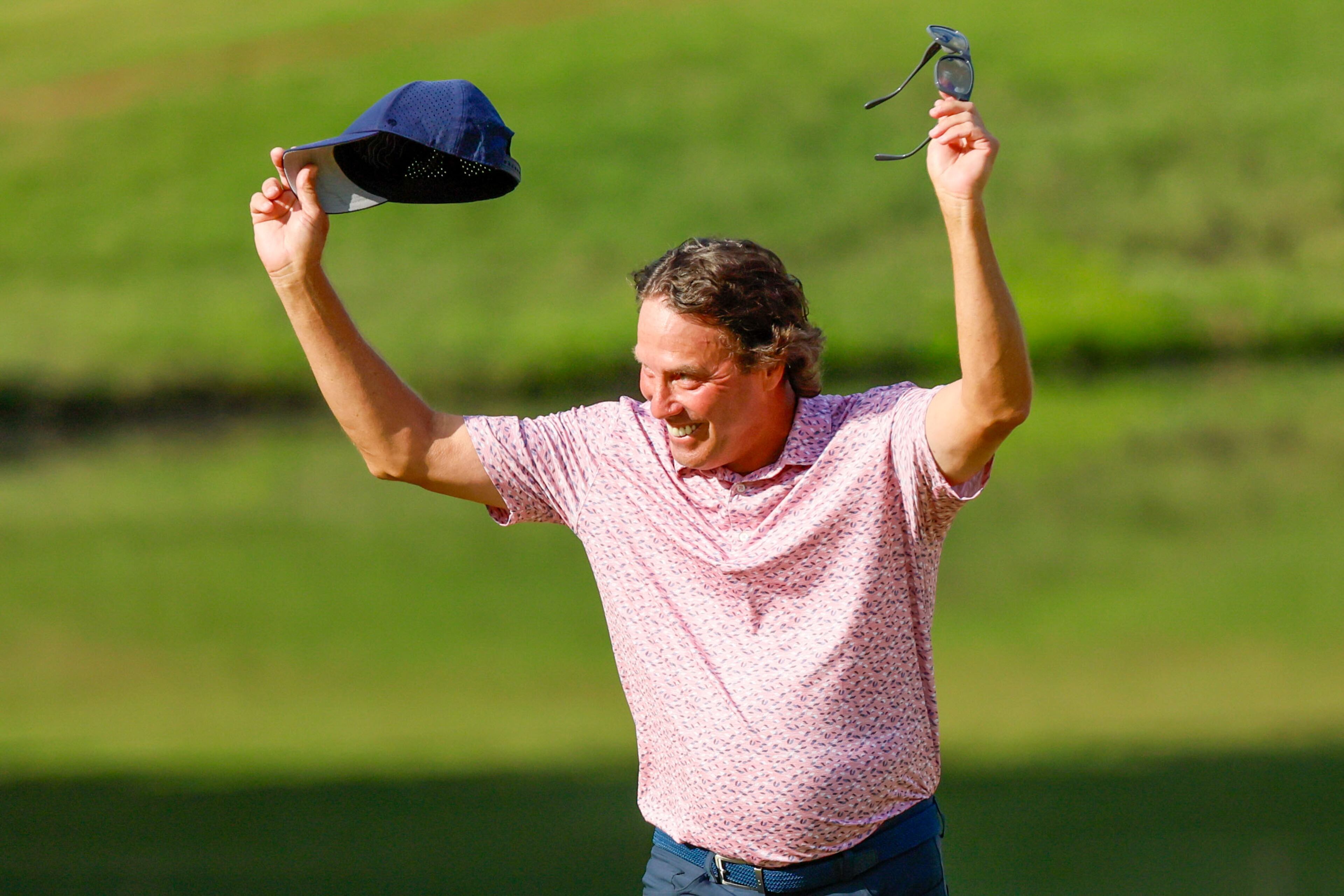 Stephen Ames reacts after making his putt on the 18th green during the final round of the Mitsubishi Classic senior golf tournament at TPC Sugarloaf, Sunday, April 28, 2024, in Duluth, Ga.
(Miguel Martinez / AJC)