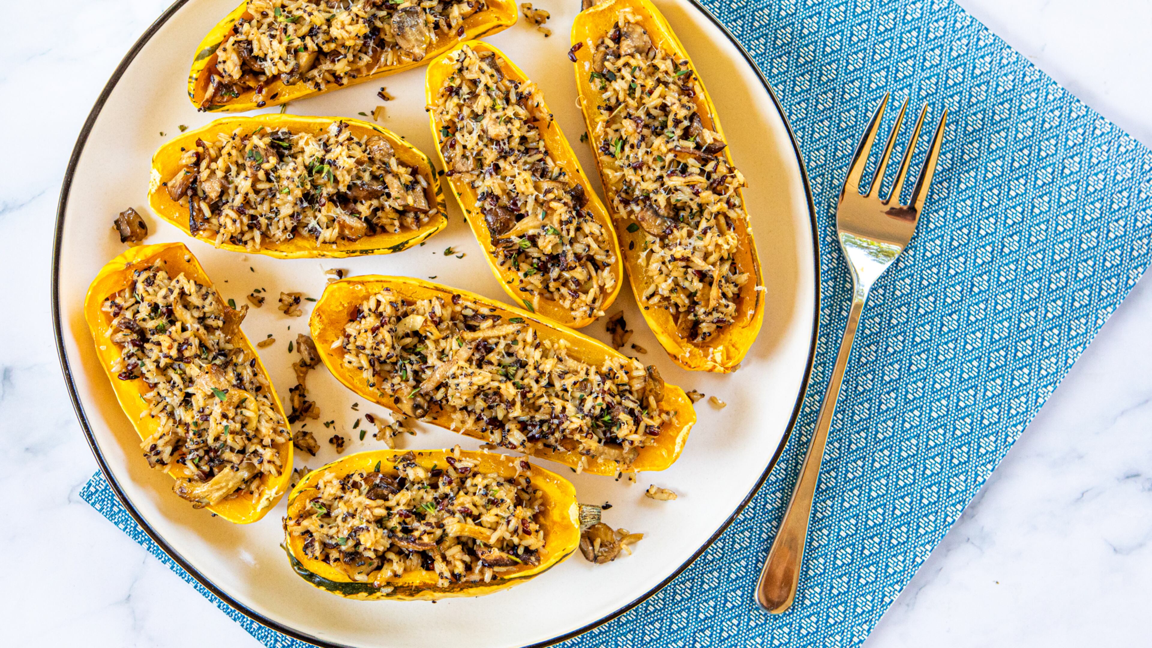 Quick Stuffed Delicata Squash is a healthy vegetarian meal. (Aaliyah Man for the AJC/food styling by Kate Williams)