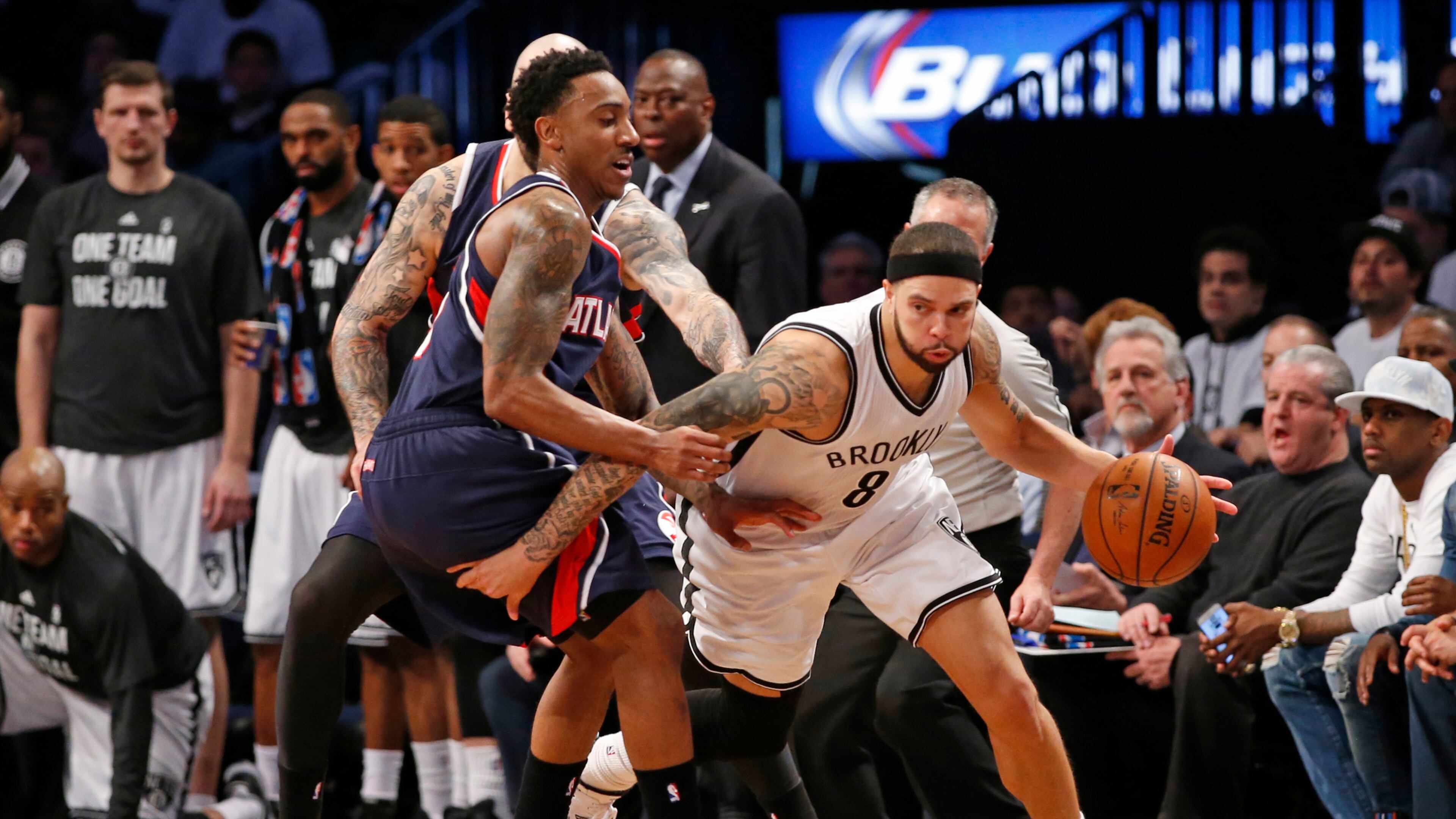 Atlanta Hawks guard Jeff Teague (0) defends Brooklyn Nets guard Deron Williams (8) in the second half of Game 4 of a first round NBA playoff basketball game, Monday, April 27, 2015, in New York. (AP Photo/Kathy Willens) Brooklyn's Deron Williams had struggled in this series until scoring 35 points on Monday. (AP photo)
