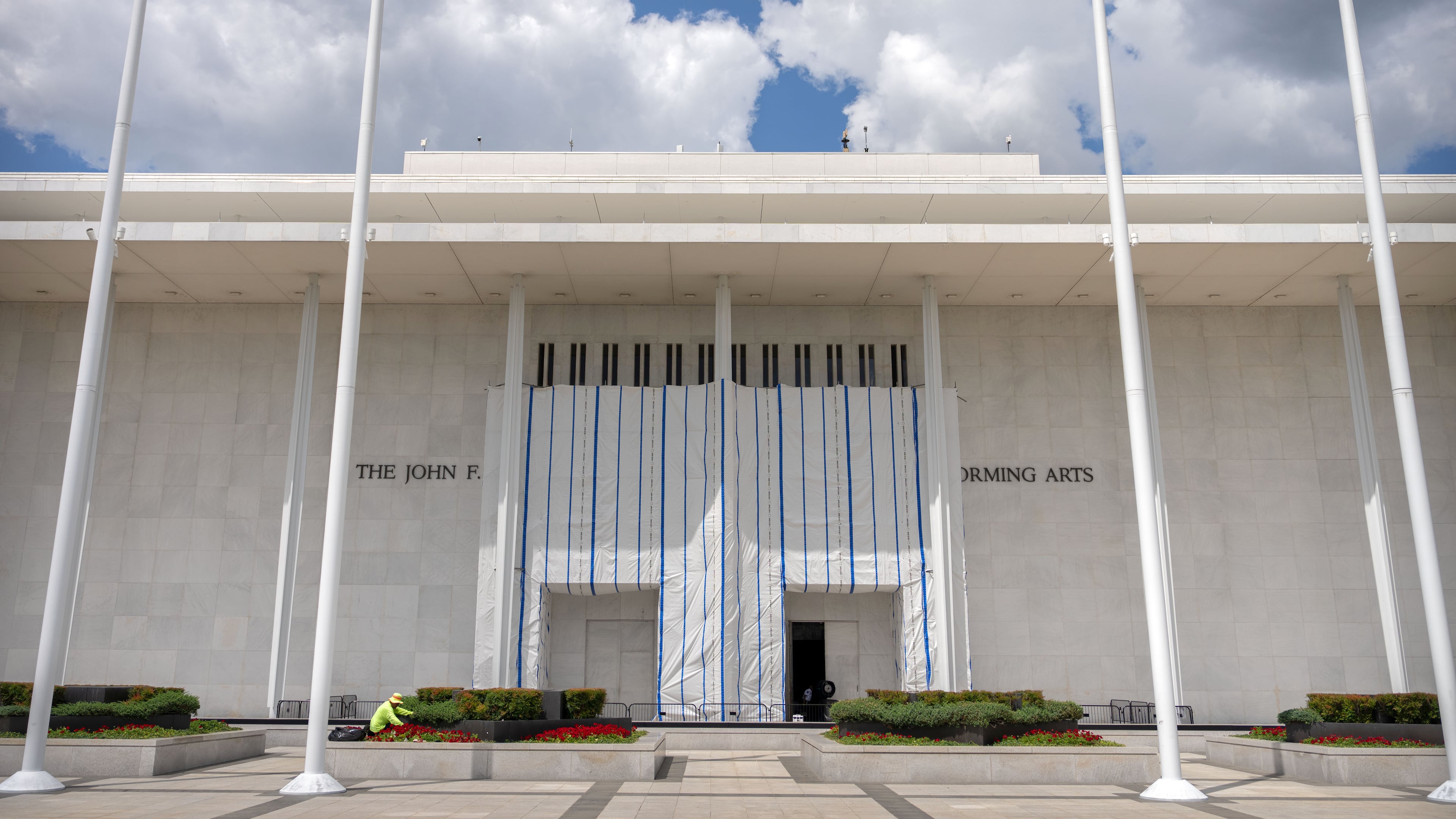 The exterior of the Kennedy Center is seen, Friday, July 31, 2026, in Washington. (AP Photo/Mark Schiefelbein)