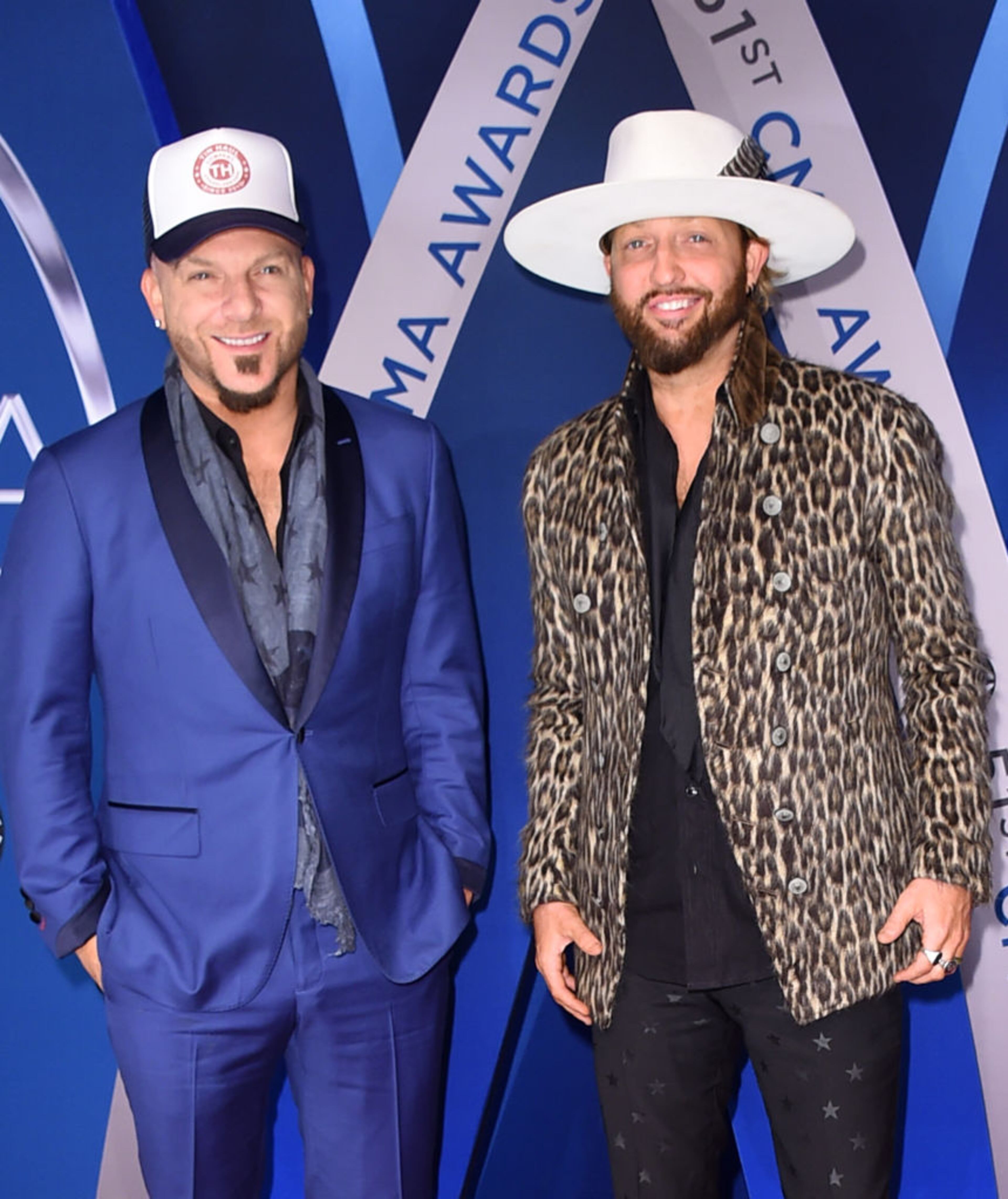 NASHVILLE, TN - NOVEMBER 08: Chris Lucas (L) and Preston Brust of LOCASH attend the 51st annual CMA Awards at the Bridgestone Arena on November 8, 2017 in Nashville, Tennessee. (Photo by Michael Loccisano/Getty Images)
