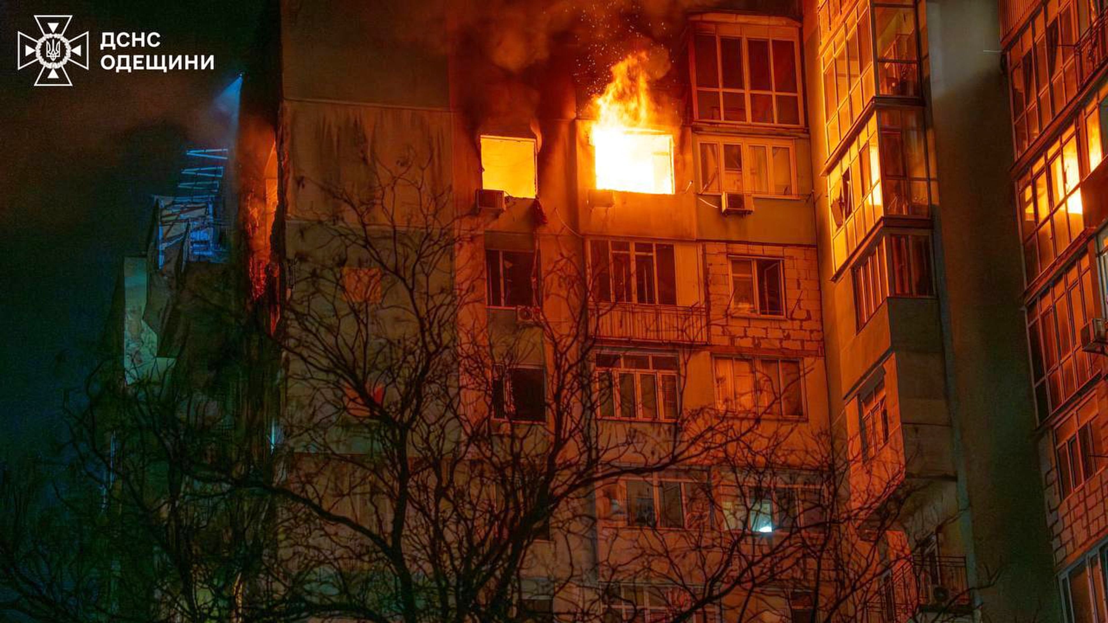 In this photo provided by the Ukrainian Emergency Service, a fire is seen in a residential building following a Russian drone attack in Odesa, Ukraine, Friday, May 1, 2026. (Ukrainian Emergency Service via AP)