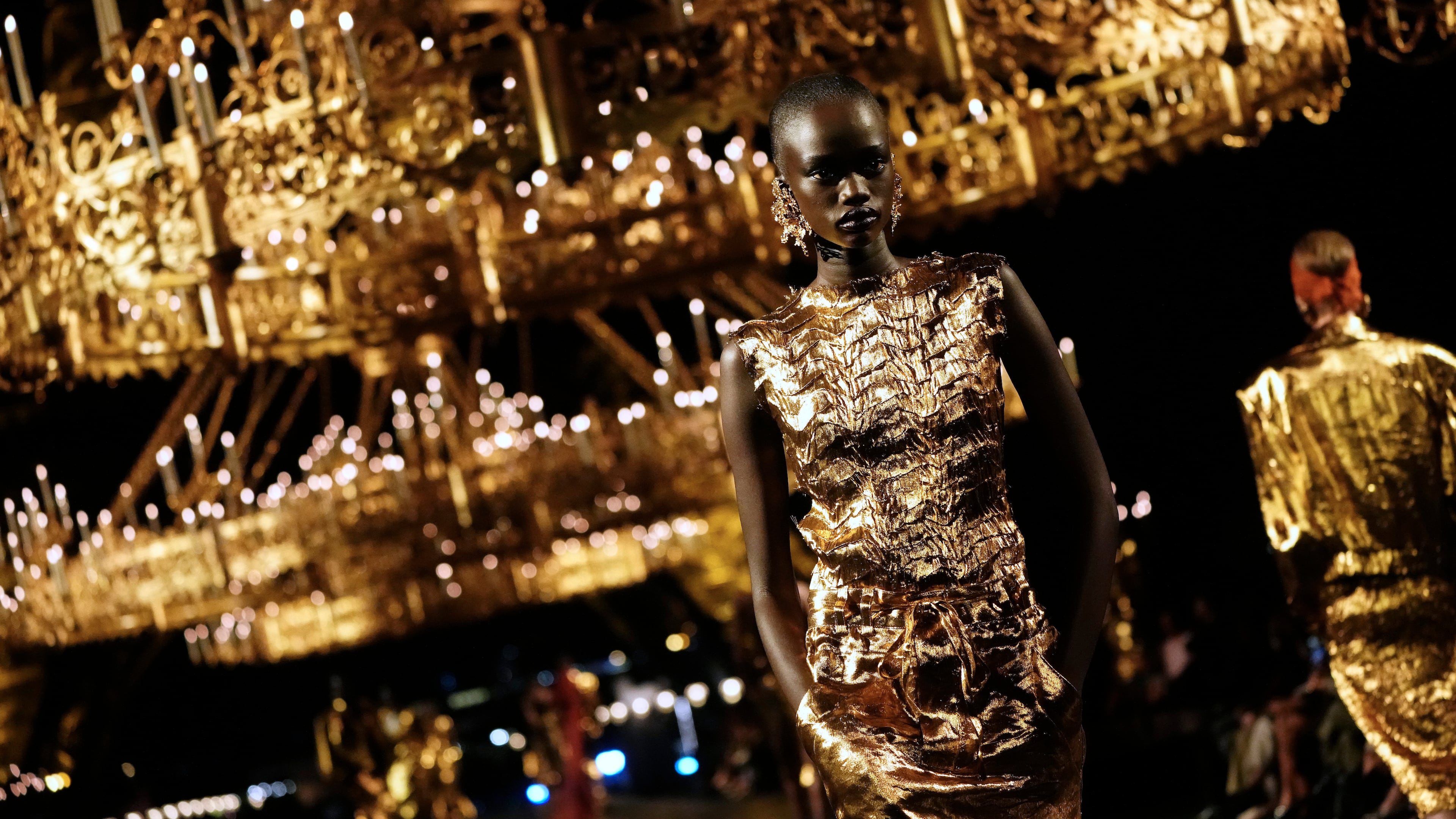 A model wears a creation as part of the Saint Laurent Womenswear Spring Summer 2027 collection presented in Paris, France, Tuesday, Sept. 29, 2026. (AP Photo/Teresa Suarez)