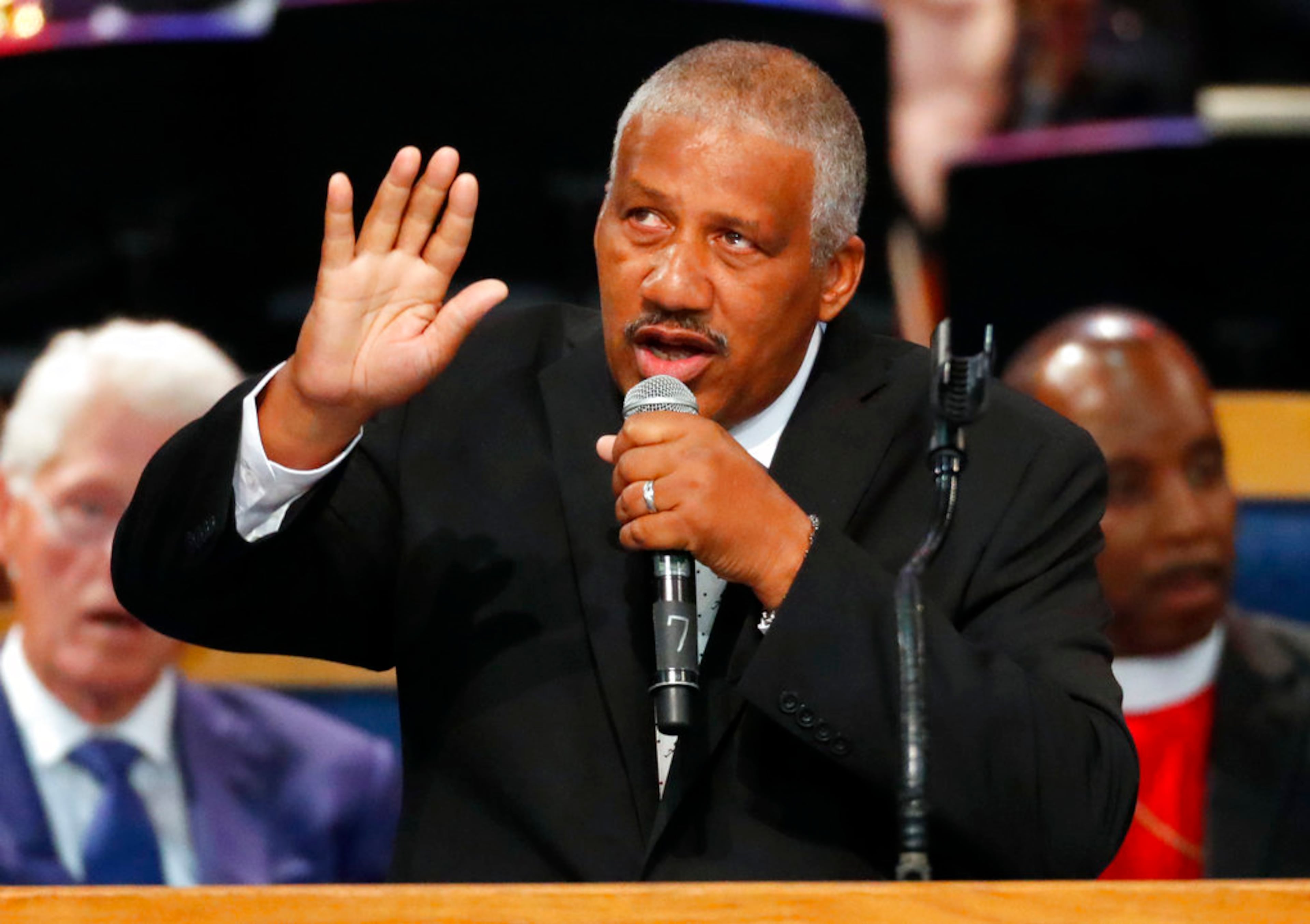 Edward Franklin, son of Aretha Franklin, performs during the funeral service for his mother at Greater Grace Temple, Friday, Aug. 31, 2018, in Detroit. Franklin died Aug. 16, 2018 of pancreatic cancer at the age of 76. (AP Photo/Paul Sancya)