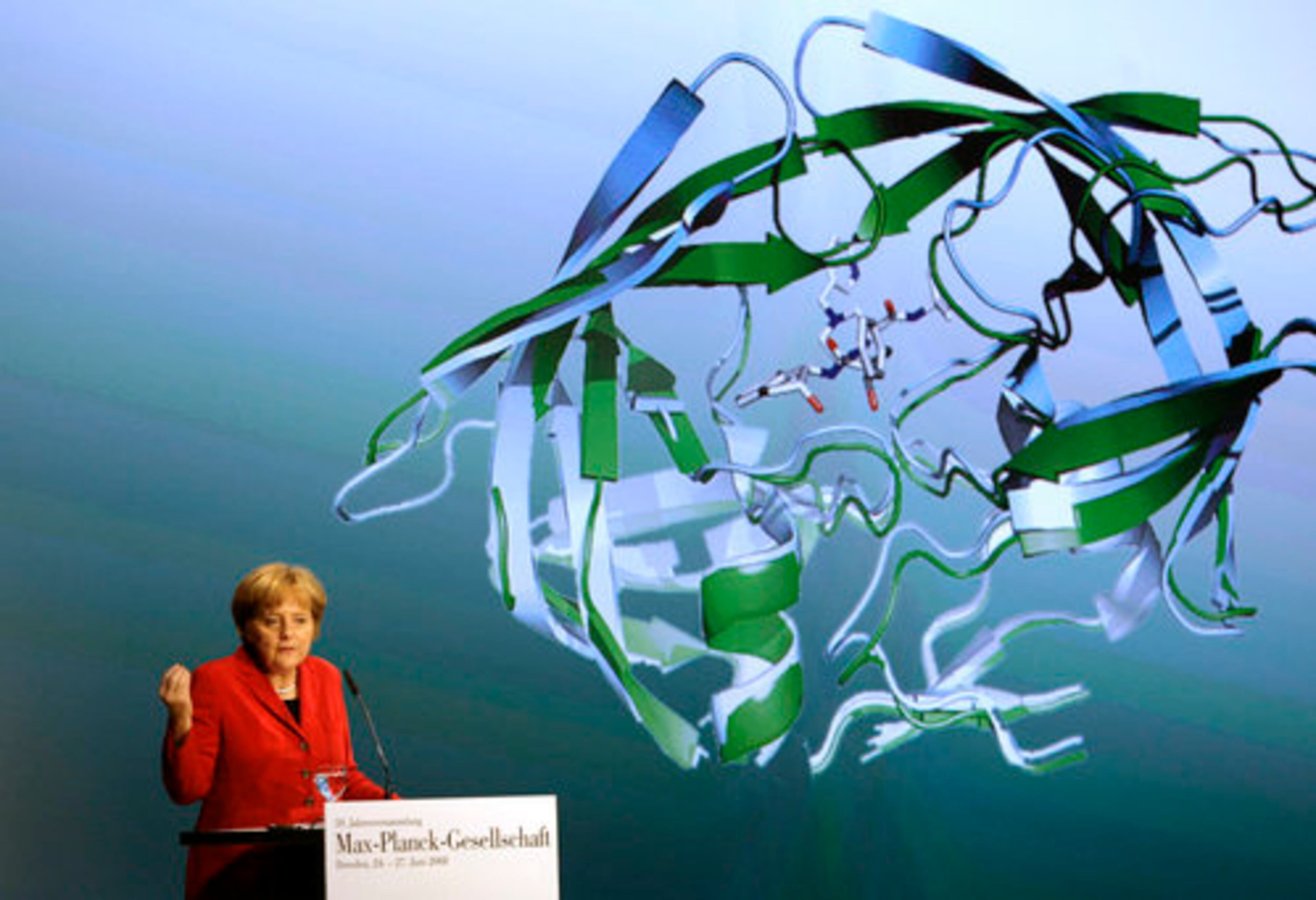 German Chancellor Angela Merkel delivers a speech during a session of the Max-Planck-Society for science and research in Dresden, Germany, on Friday.