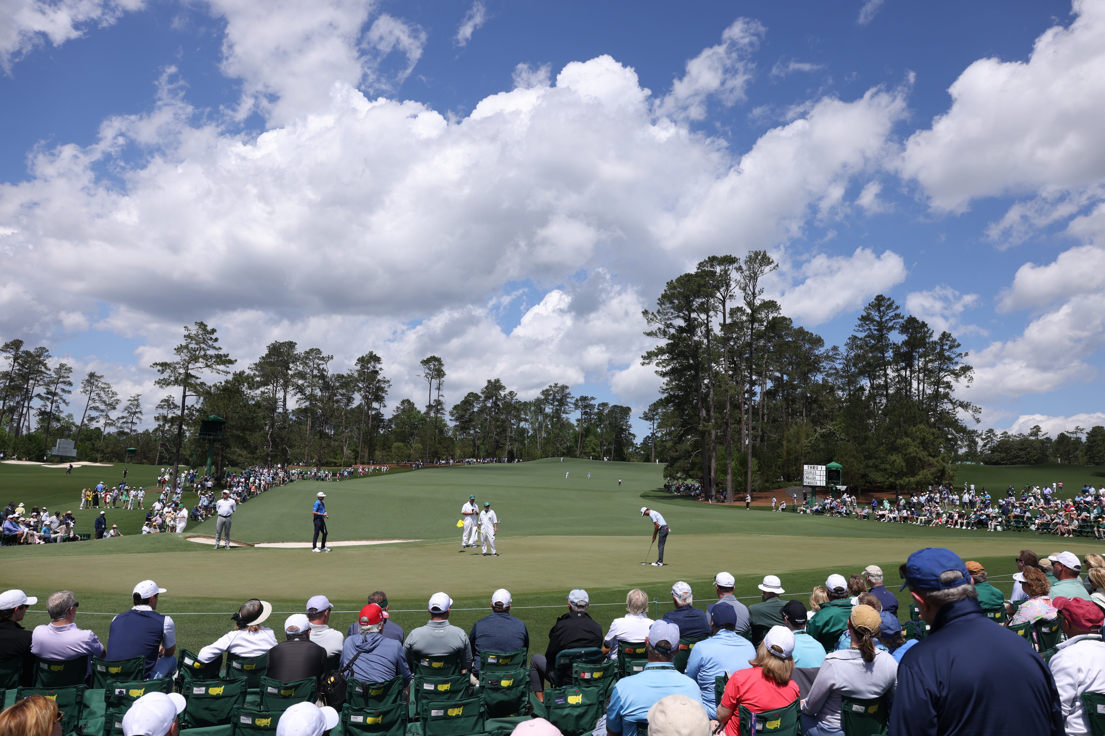 Harris English prepares to putt on second green during second round of the Masters golf tournament, at Augusta National Golf Club, Friday, April 11, 2025, in Augusta, Ga. (Jason Getz / AJC)