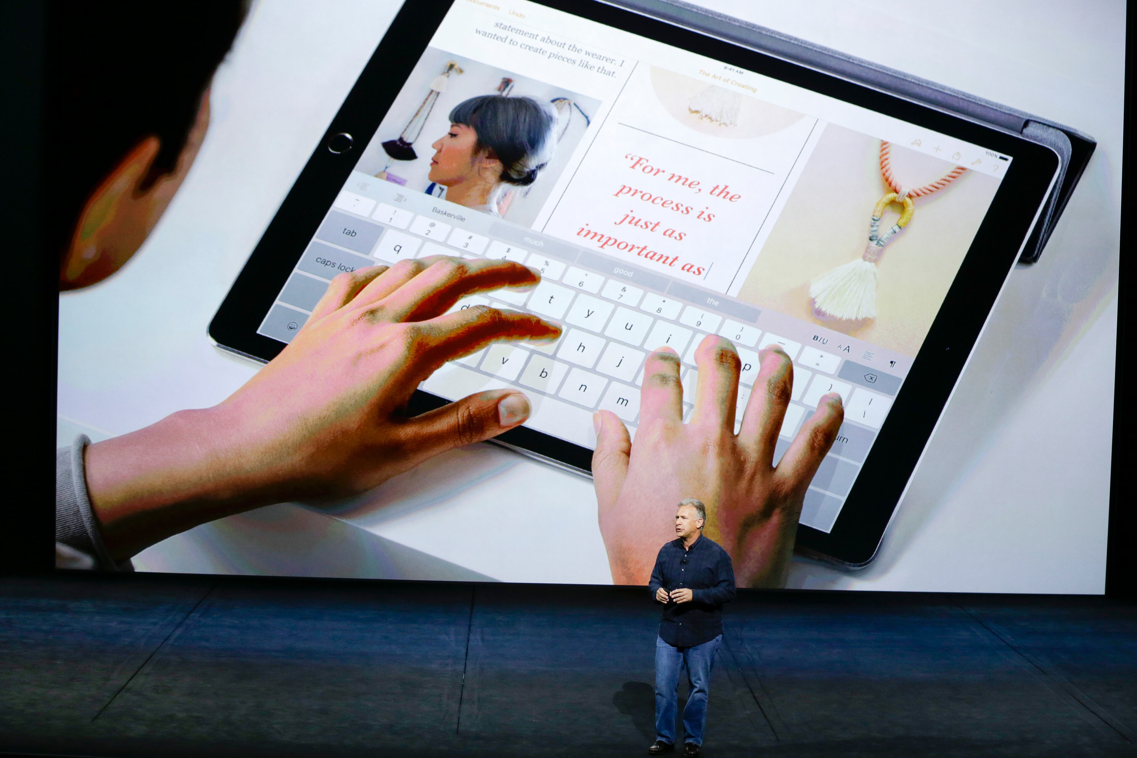 Phil Schiller, Apple's senior vice president of worldwide marketing, introduces the new iPad Pro at the Apple event in the Bill Graham Civic Auditorium in San Francisco, Wednesday, Sept. 9, 2015. (AP Photo/Eric Risberg)