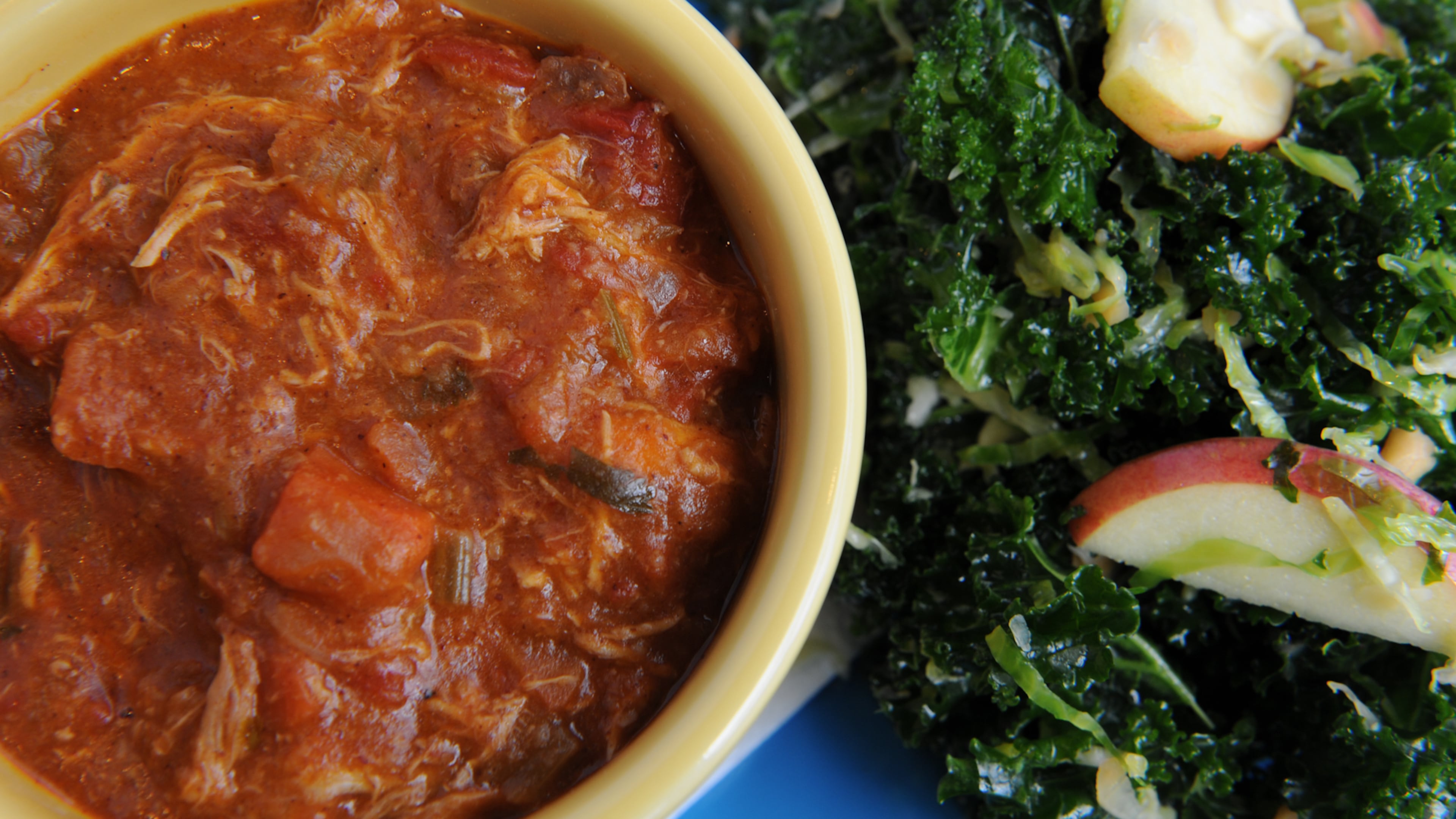 Soup and salad will be on the menu when Souper Jenny opens at the Atlanta History Center. (BECKY STEIN) 140501-DECATUR- GA- Firstlook at the new Souper Jennys in downtown Decatur on Saturday March 1, 2014. FOOD: Gluten free Chicken Tortilla soup served with shaved brussel sprouts, kale,apples & almonds in maple ginger dressing. (BECKY STEIN)