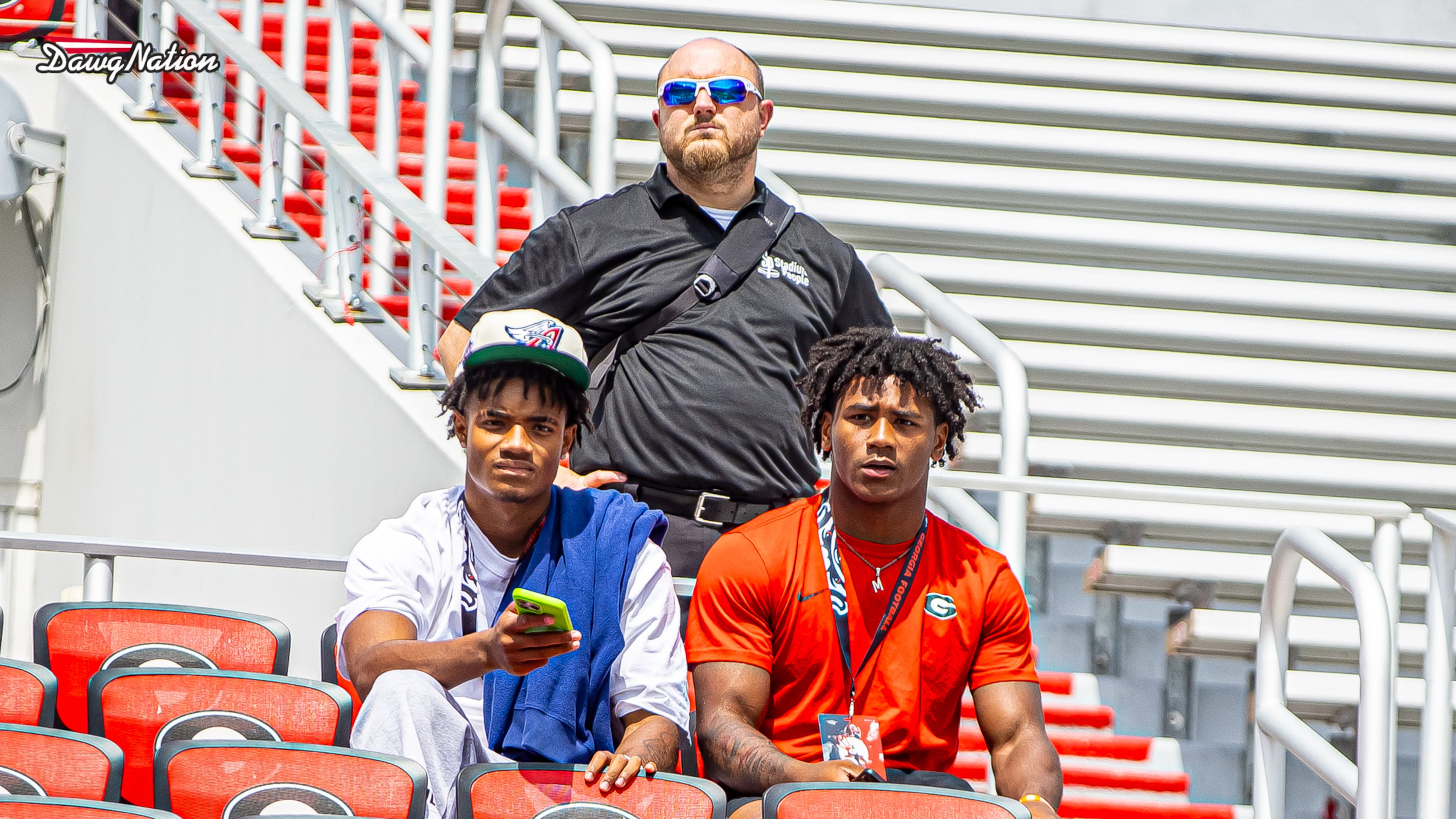 5-star CB Donte Wright (left) sits with 5-star RB Kemon Spell (right) at Sanford Stadium for G-Day to watch the annual spring scrimmage between the Red and Black teams on Saturday, April 18, 2026, in Athens, Georgia. (Jeff Sentell/DawgNation)