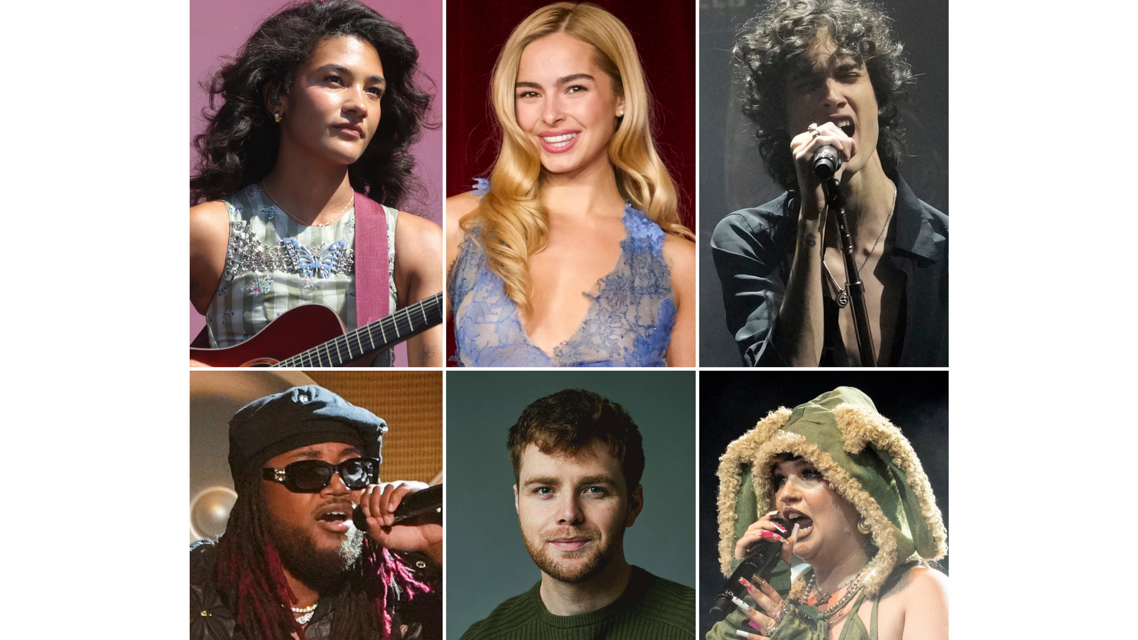 This combination of photos show Grammy nominees for best new artist, top row from left, Olivia Dean; Addison Rae; sombr, ottom row from left, Leon Thomas; Alex Warren; and Lola Young. (AP Photo)