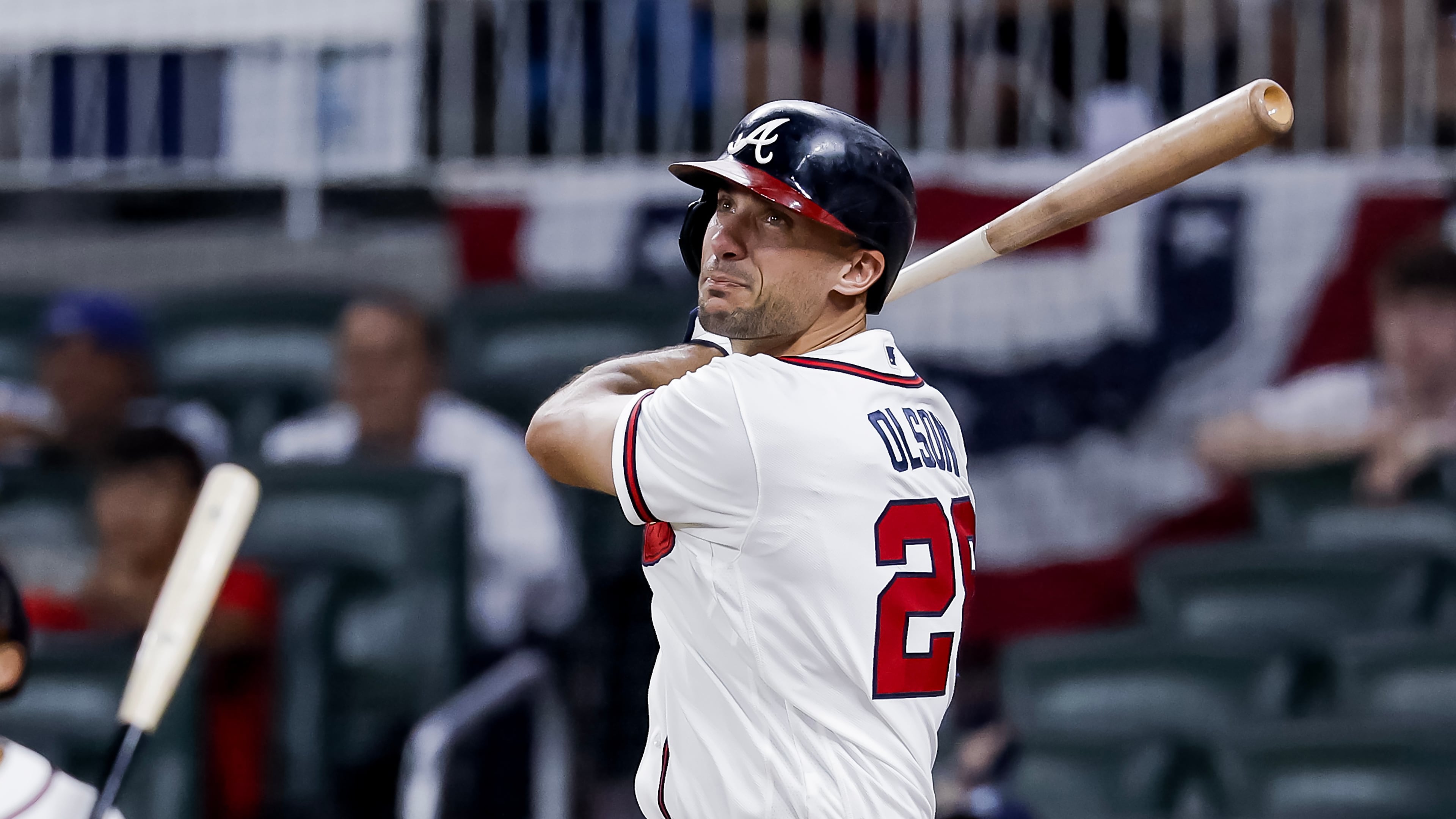 Atlanta Braves' Matt Olson watches his two-run home run against the New York Mets during the ninth inning of a baseball game, Monday, July 6, 2026, in Atlanta. (AP Photo/Erik S. Lesser)