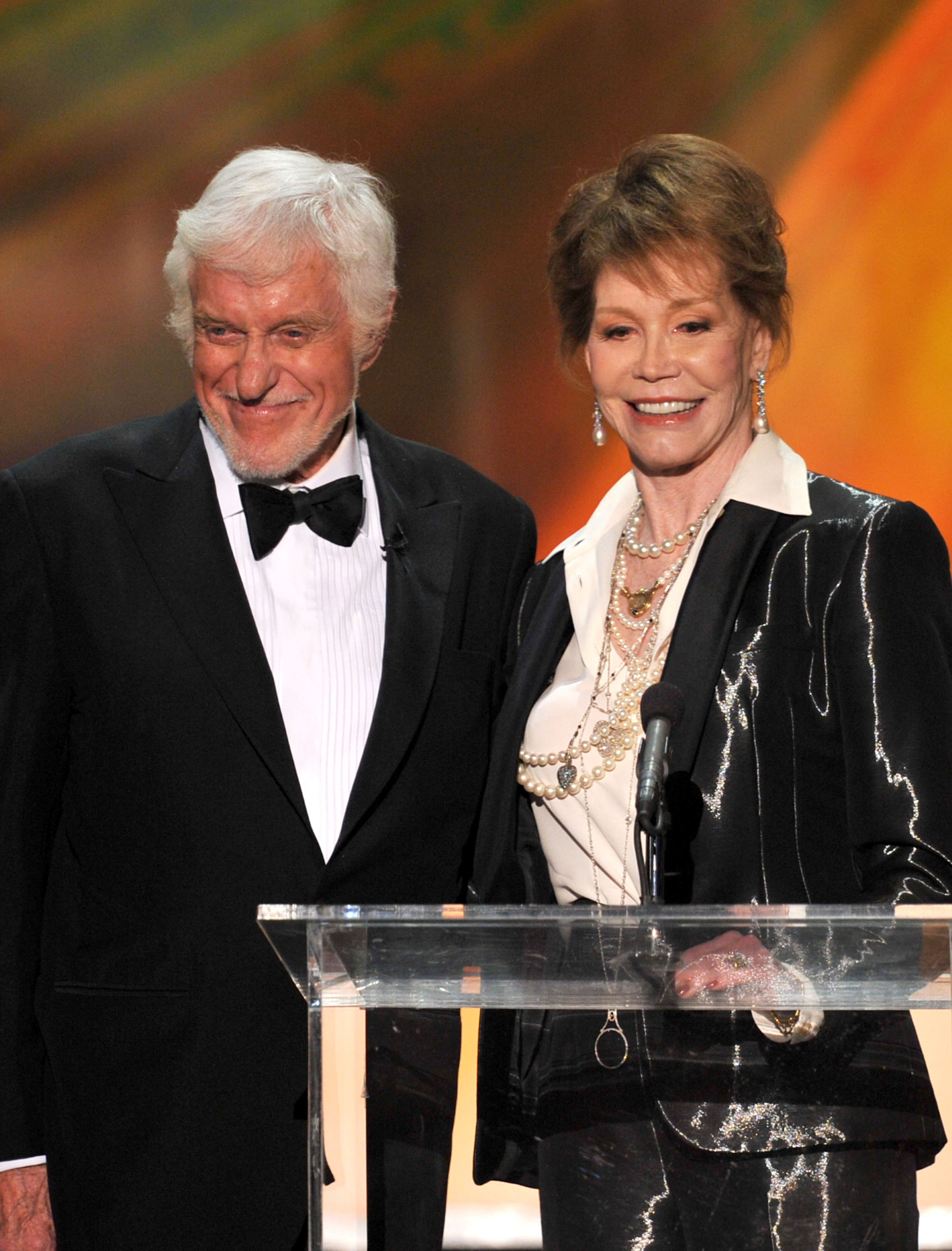 Actor Dick Van Dyke turns 89 on Dec. 13; Mary Tyler Moore turns 78 on Dec. 29. Here, Van Dyke presents the Life Achievement Award to actress Mary Tyler Moore onstage during the 18th Annual Screen Actors Guild Awards at The Shrine Auditorium on January 29, 2012 in Los Angeles, California. (Photo by Kevin Winter/Getty Images)