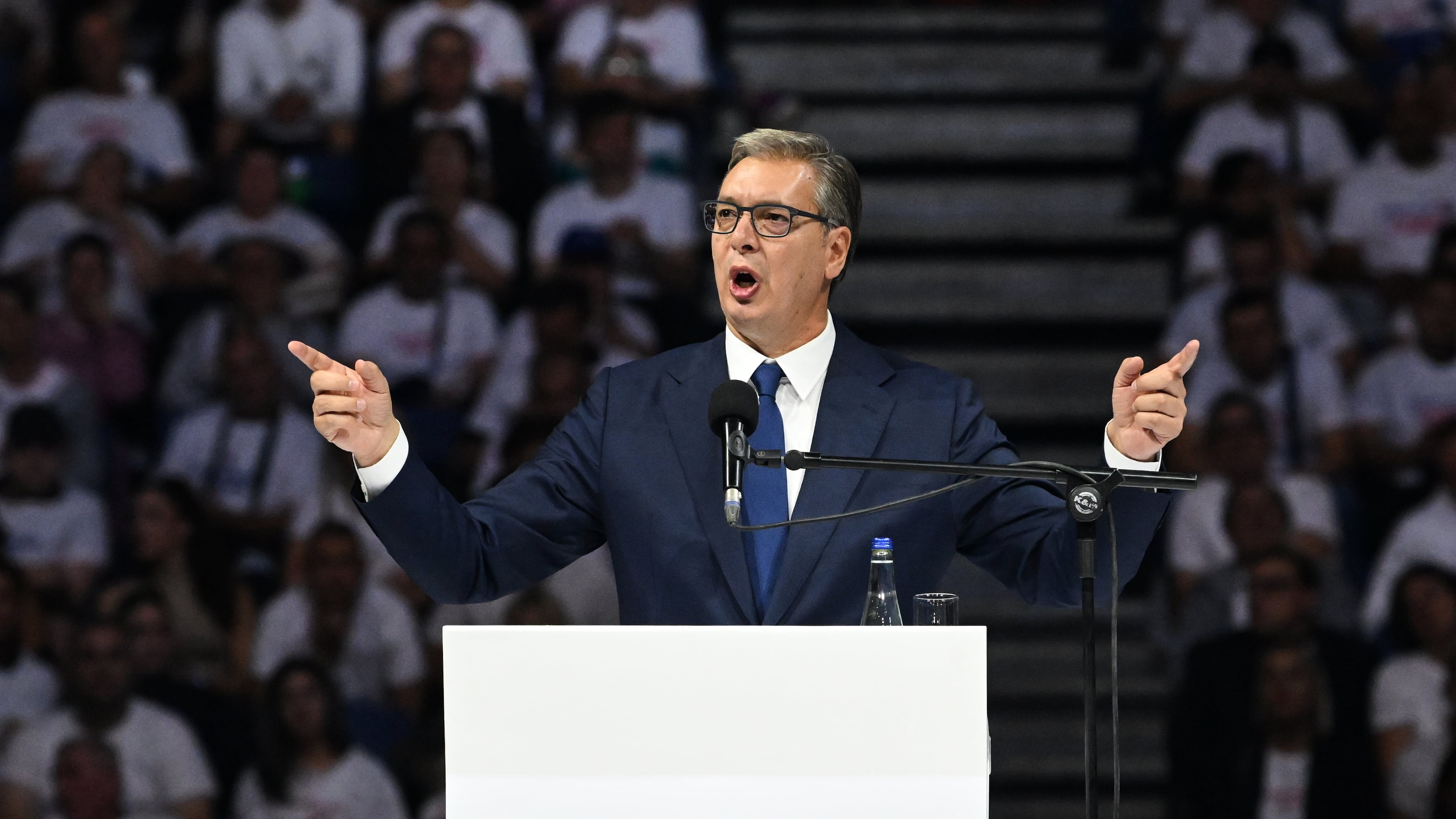 Serbia's populist leader Aleksandar Vucic speaks during a rally for the de-facto launch of his campaign for prime minister that will culminate in a pivotal election set for Oct. 25 in Belgrade, Serbia, Saturday, Oct. 3, 2026. (AP Photo)
