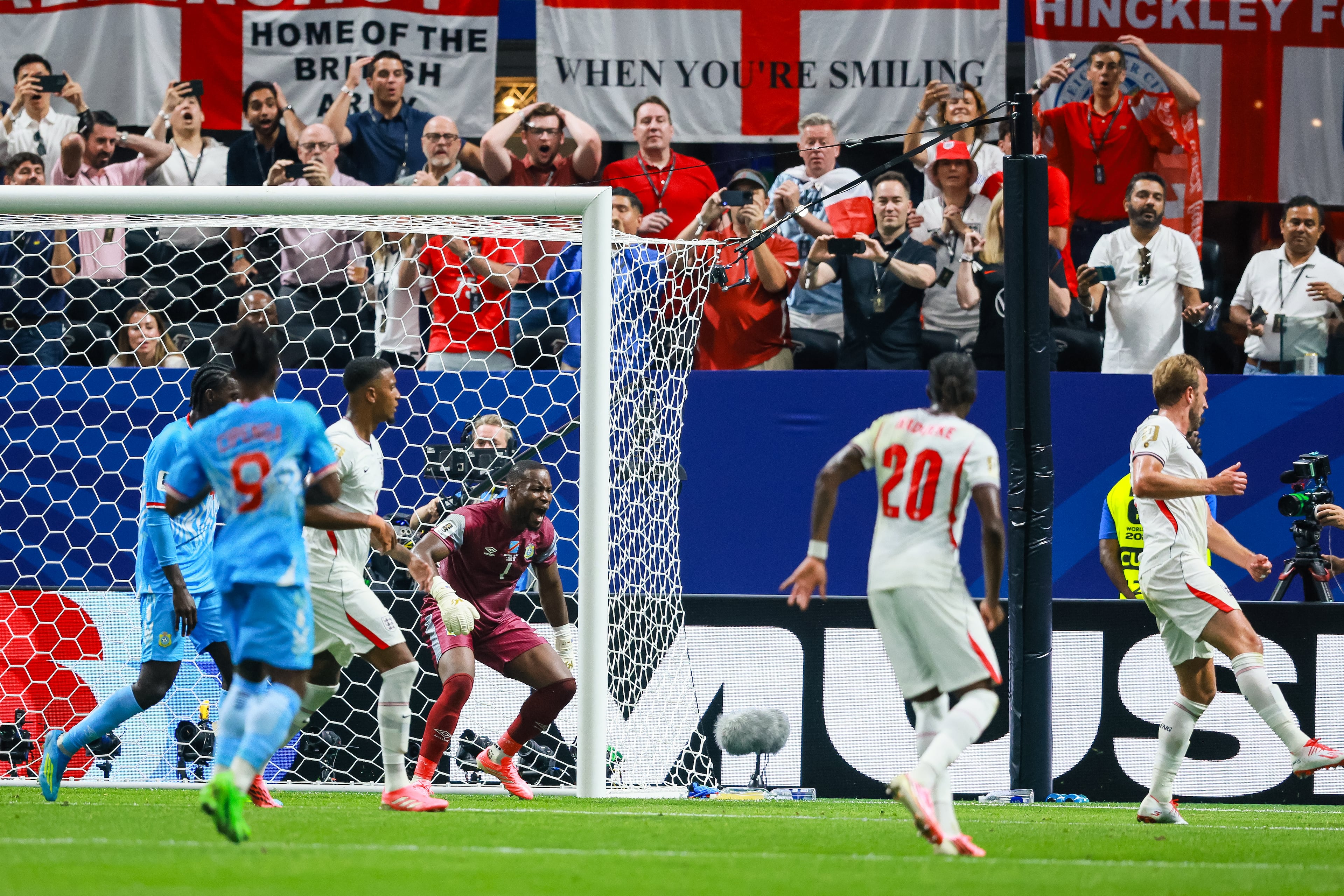 Congo goalkeeper Lionel Mpasi defends a kick on goal by England during the first half of a FIFA World Cup round of 32 match at Atlanta Stadium (Mercedes-Benz Stadium) on Wednesday, July 1, 2026, in Atlanta. (Jason Getz/AJC)