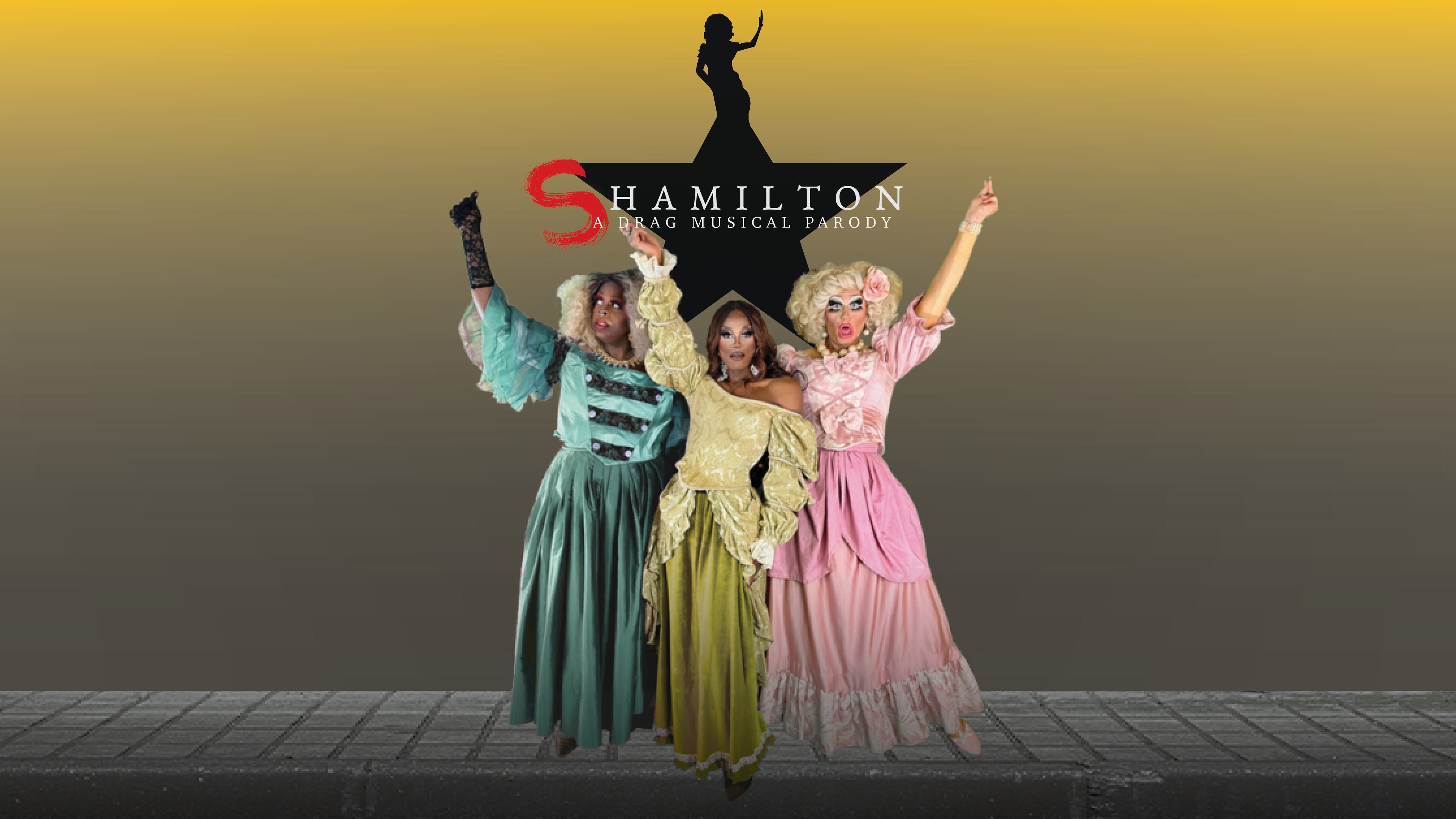 The Schuyler sisters from “Hamilton” strike a pose in front of the famous logo, as altered by Drunk Drag Broadway, for “Shamilton: A Drunk Drag Parody.” The limited-run show launches Aug. 22 at City Winery.
(Courtesy of Drunk Drag Broadway/Joey Ellington)