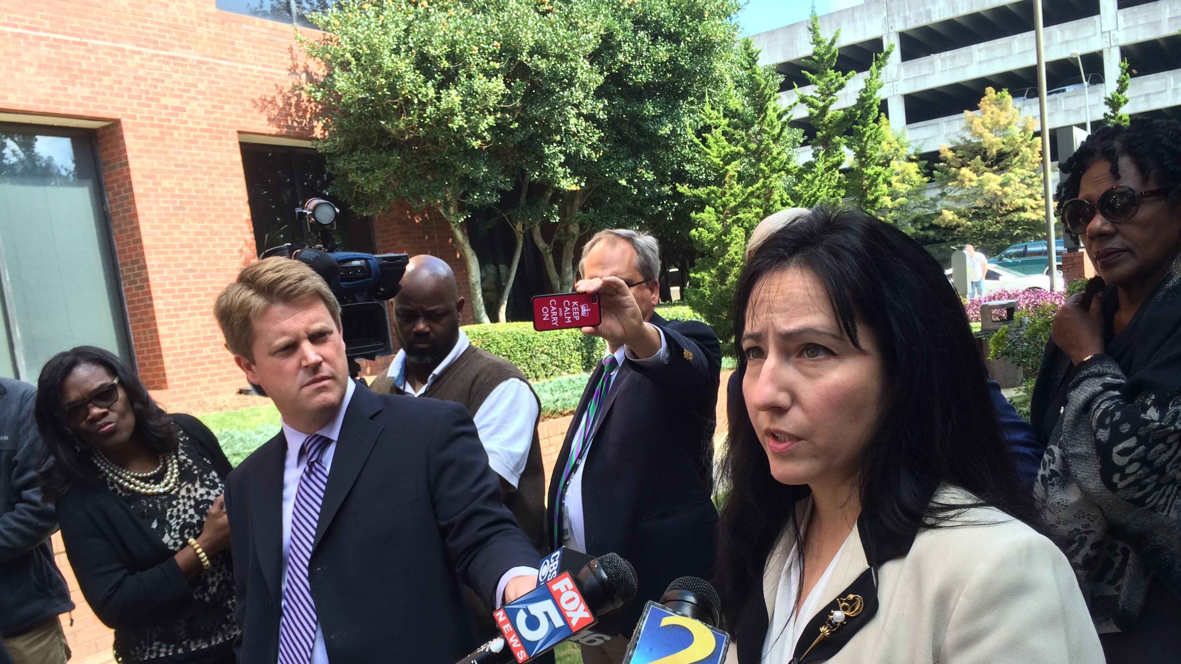 DeKalb Commissioner Nancy Jester speaks to the news media Tuesday as she said Interim DeKalb CEO Lee May should step down. MARK NIESSE / MARK.NIESSE@AJC.COM