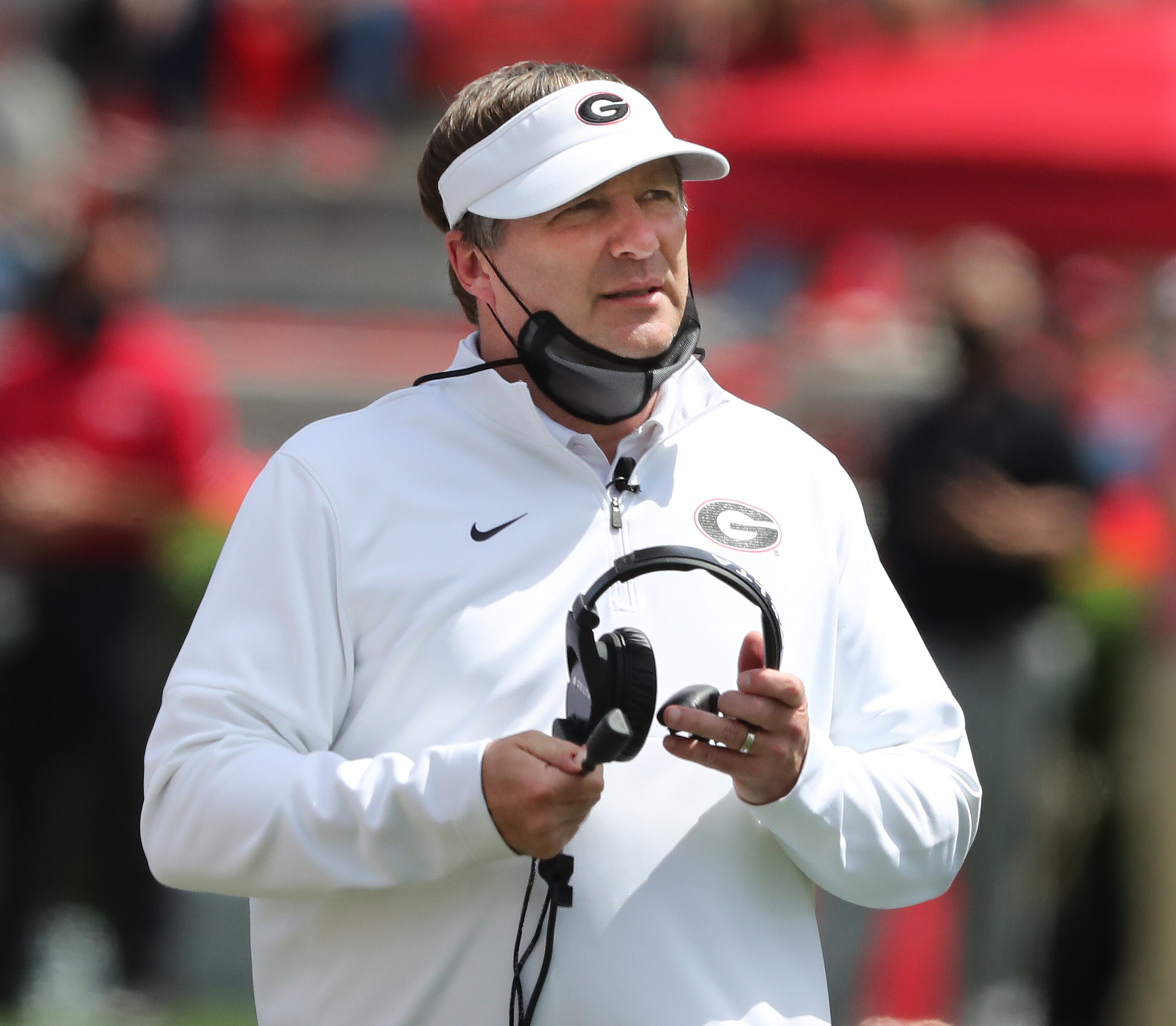 Kirby Smart directs the G-Day Game at Sanford Stadium on Saturday, April 17, 2021, in Athens. “Curtis Compton / Curtis.Compton@ajc.com”
